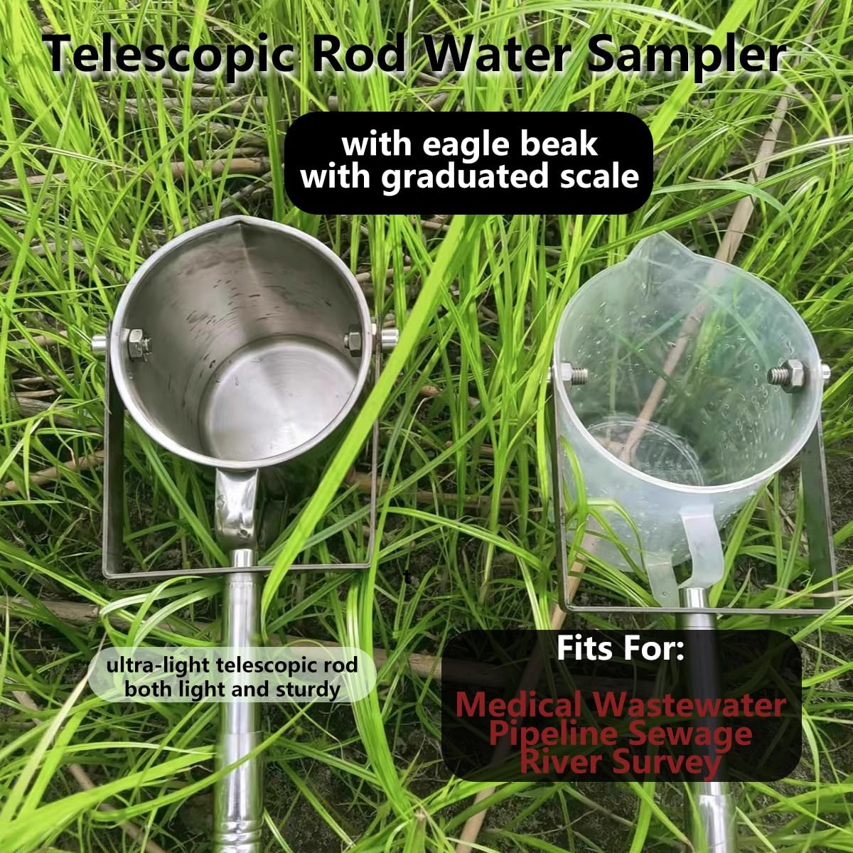Water Sampler Dipper - Sistema telescopico in acciaio inox, capacità 500 ml, si estende da 1,11 m a 3 m per una raccolta efficiente dell'acqua