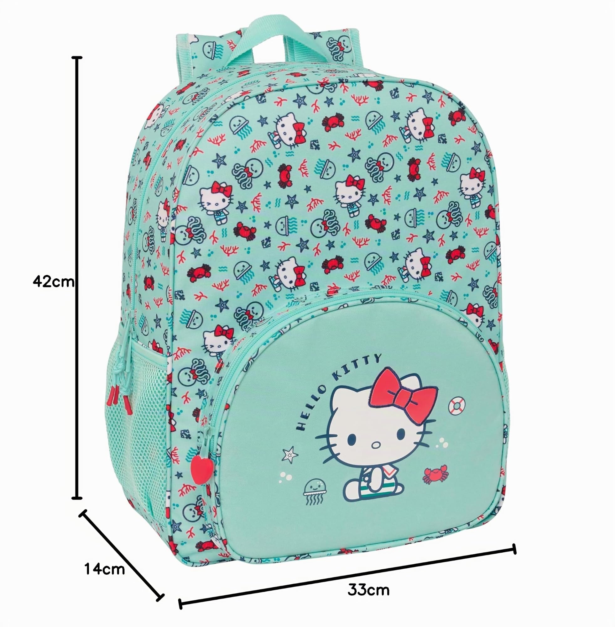 Safta HELLO KITTY SEA LOVERS - Mochila Escolar Niño, Mochila Niño, Mochila Infantil, Adaptable a Carro, Ideal para Niños en Edad Escolar, Cómoda y Versátil, Resistencia, 33x14x42 cm, Color Turquesa