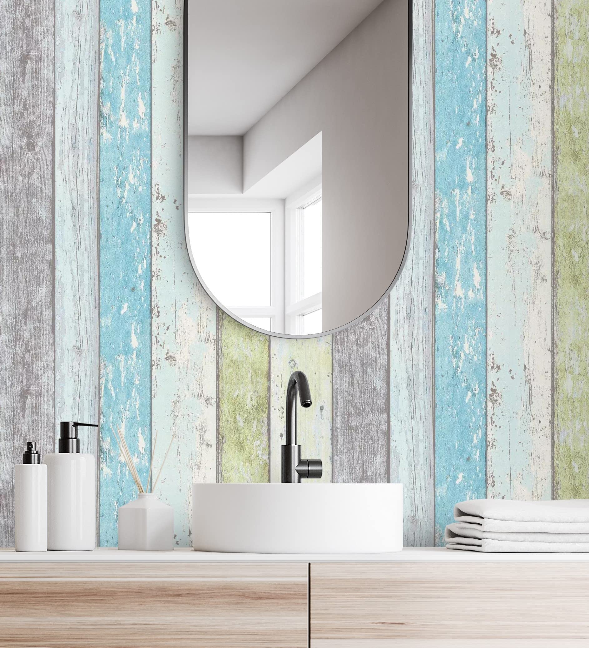 GAULAN 453157 - Papel pintado vinílico lavable efecto listones de madera turquesa tropical para pared salón cocina baño comedor - Rollo de 10 m x 0,53 m