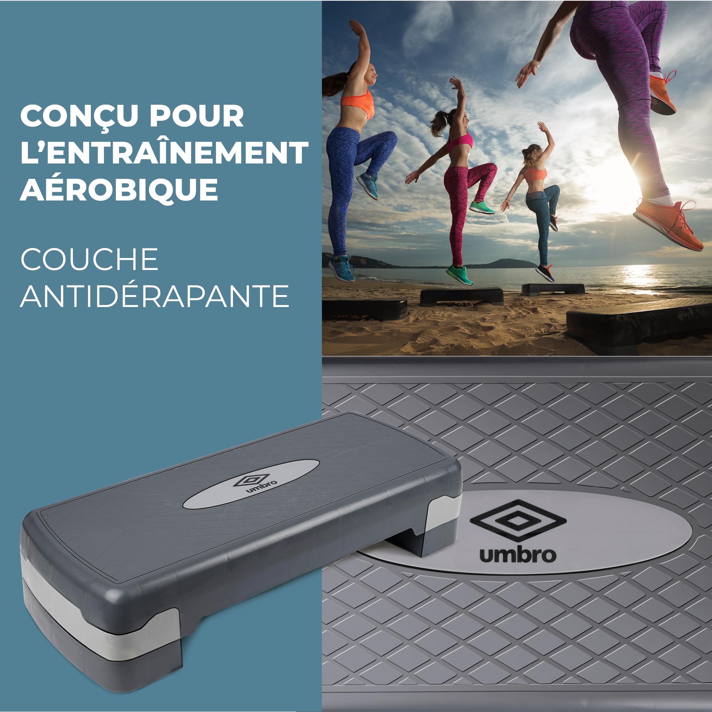 Umbro Stepper Fitness Réglable 10‑15 cm – Aerobic Step Antidérapant pour Cardio‑Training – Step Fitness Sport Maison pour Rééducation – Plateforme D'entraînement Complet – 68,3 x 29 x 10,4cm