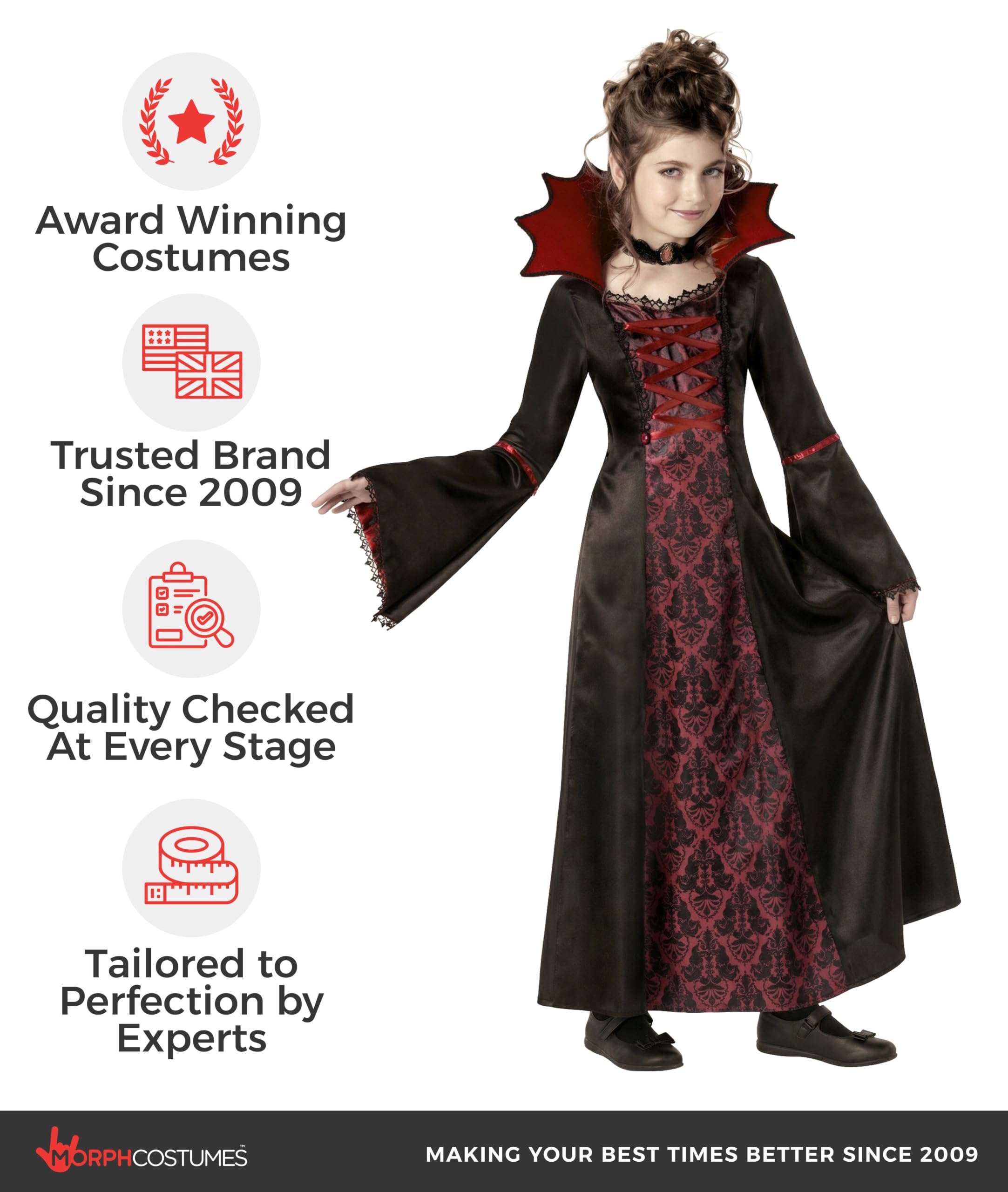 Morph Disfraz Vampiresa Niña, Disfraz Halloween Niña | Vestido Negro y Rojo con Cuello Alto & Collar, Encaje Gótico, Perfecto para Halloween, Ideal para Juegos de Rol