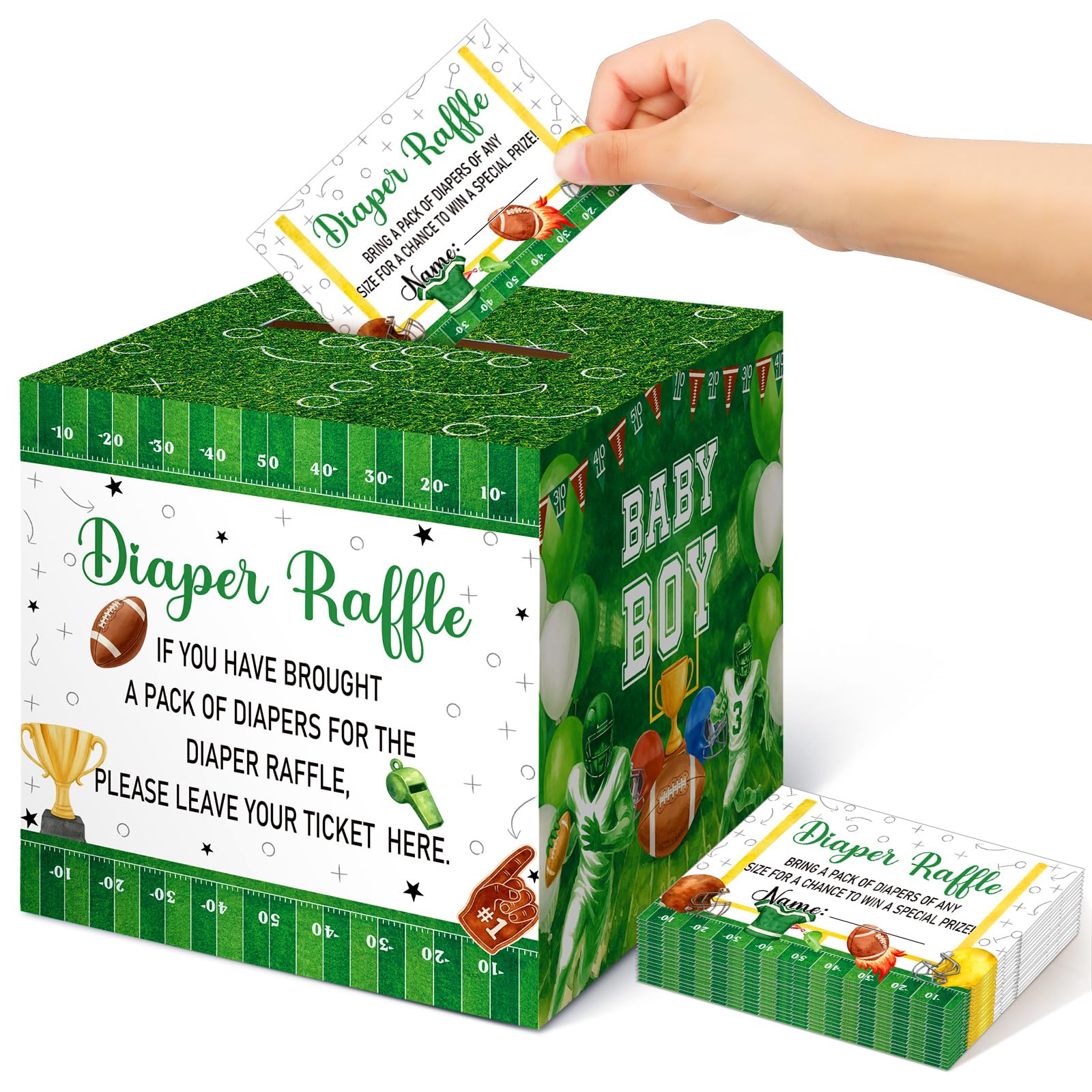 Teling 51 Pieces Diaper Raffle Tickets with Card Box, Football Touch Down