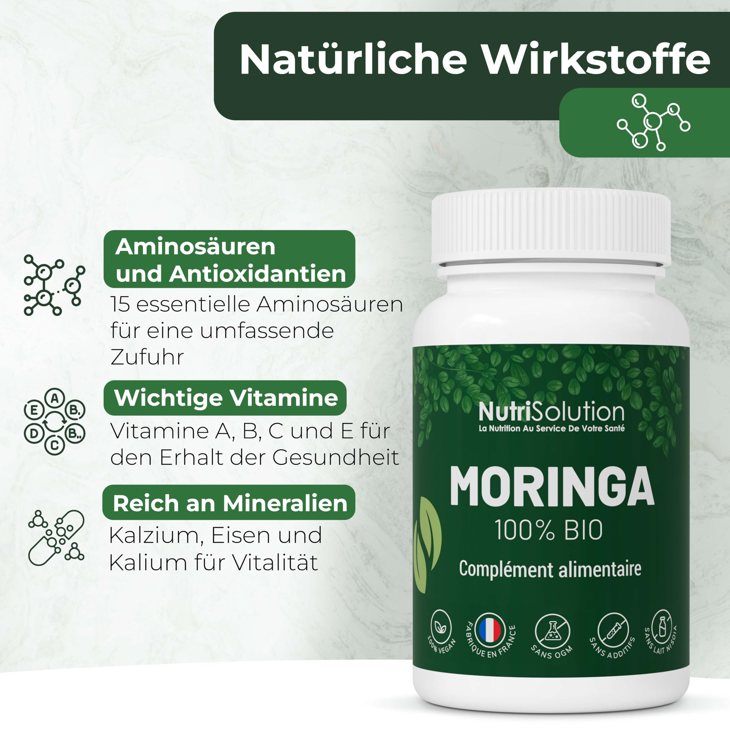 NutriSolution Moringa Kapseln 100% Bio - Superfood voller Multivitamine und Mineralien - Pulver aus Moringa Oleifera Blättern - 90 vegetarische Kapseln (1)