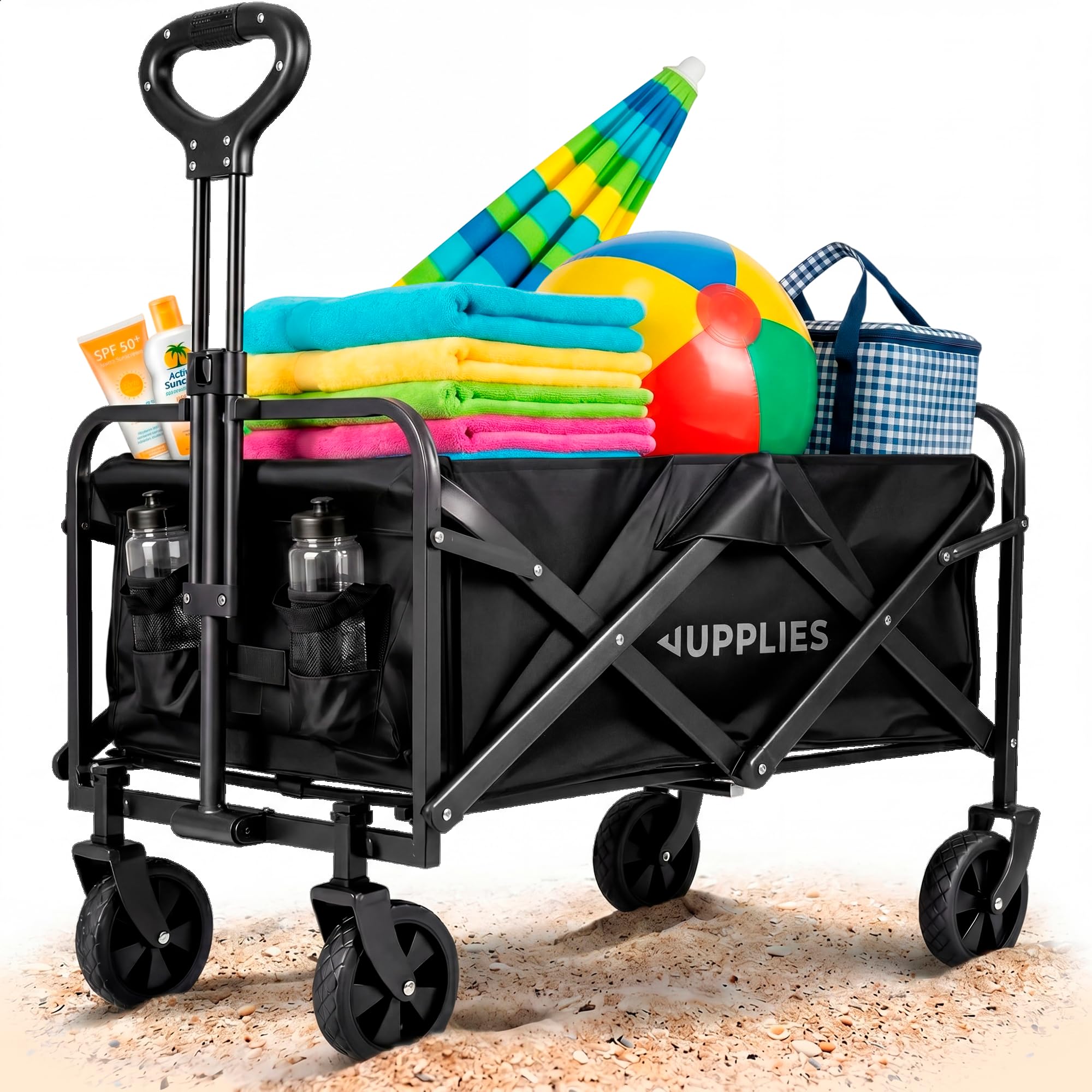 JUPPLIES Carrello da Spiaggia Pieghevole con Ruote Grandi Tutto Terreno in Acciaio e Tessuto Oxford 600D Impermeabile fino a 75kg | Carrello Portatutto Ideale per Mare, Campeggio, Giardino e Spesa