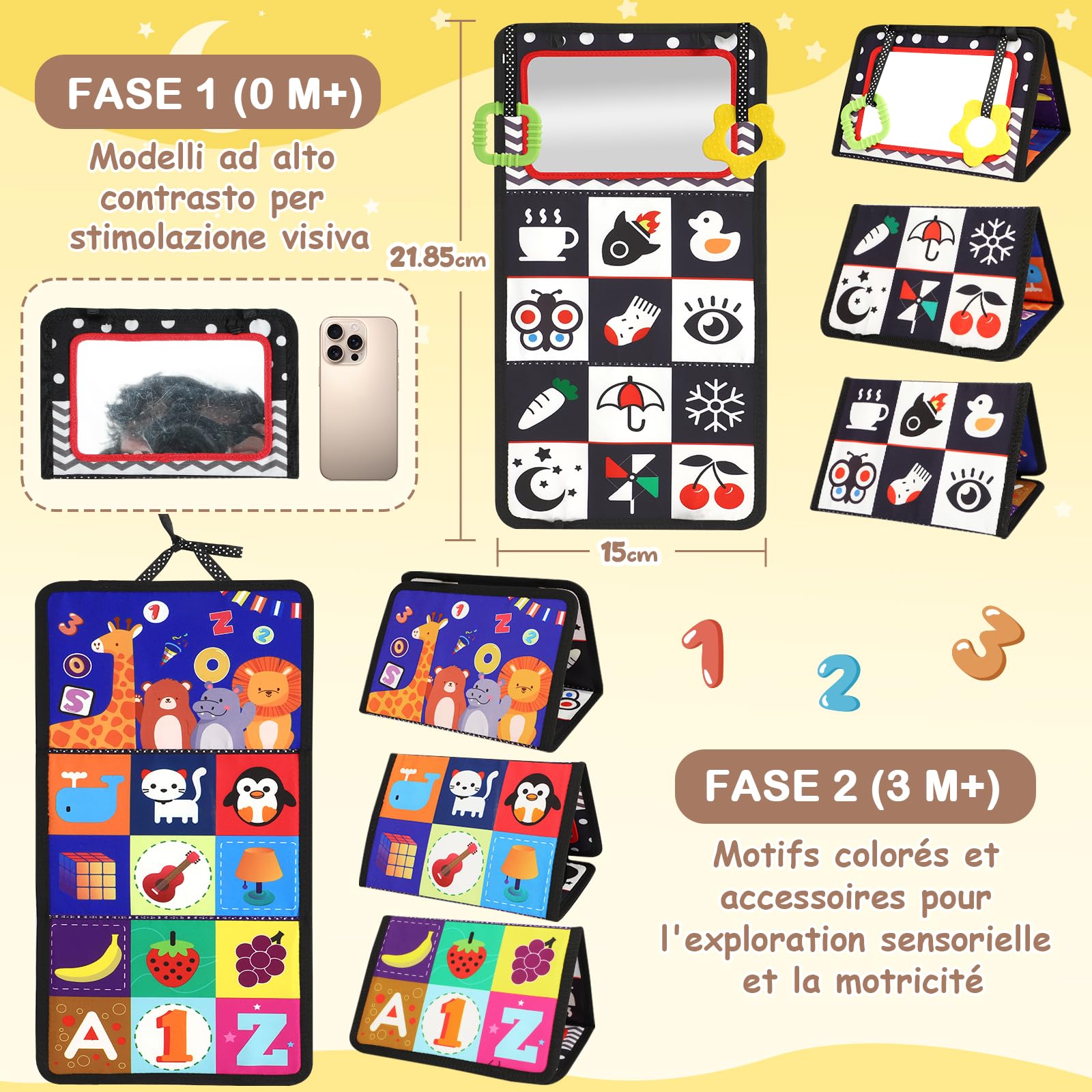 Giochi Montessori Neonato 0 3 6 12 Mesi, Libro Sensoriale con Specchio, Tummy Time Morbidi di attività Giocattoli Educativi Interattivo Regali