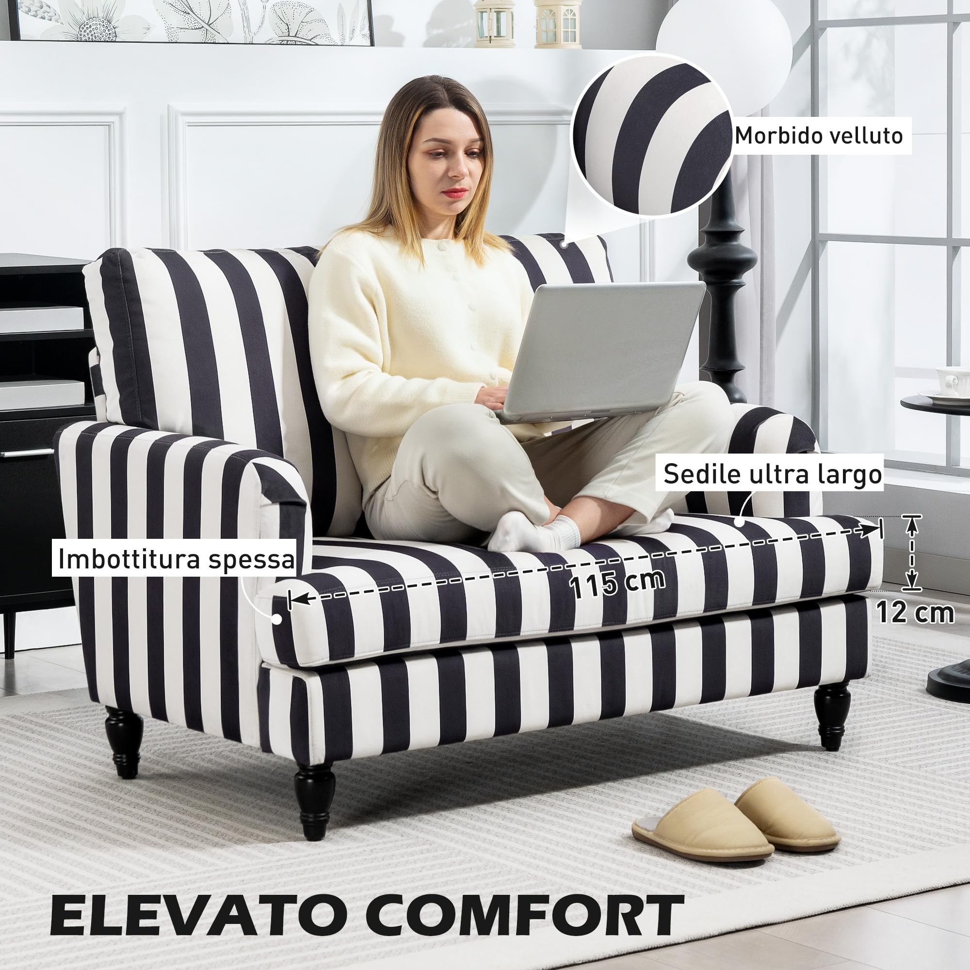 HOMCOM Poltrona da Salotto Grande 115x82x82 cm Nero e Bianco