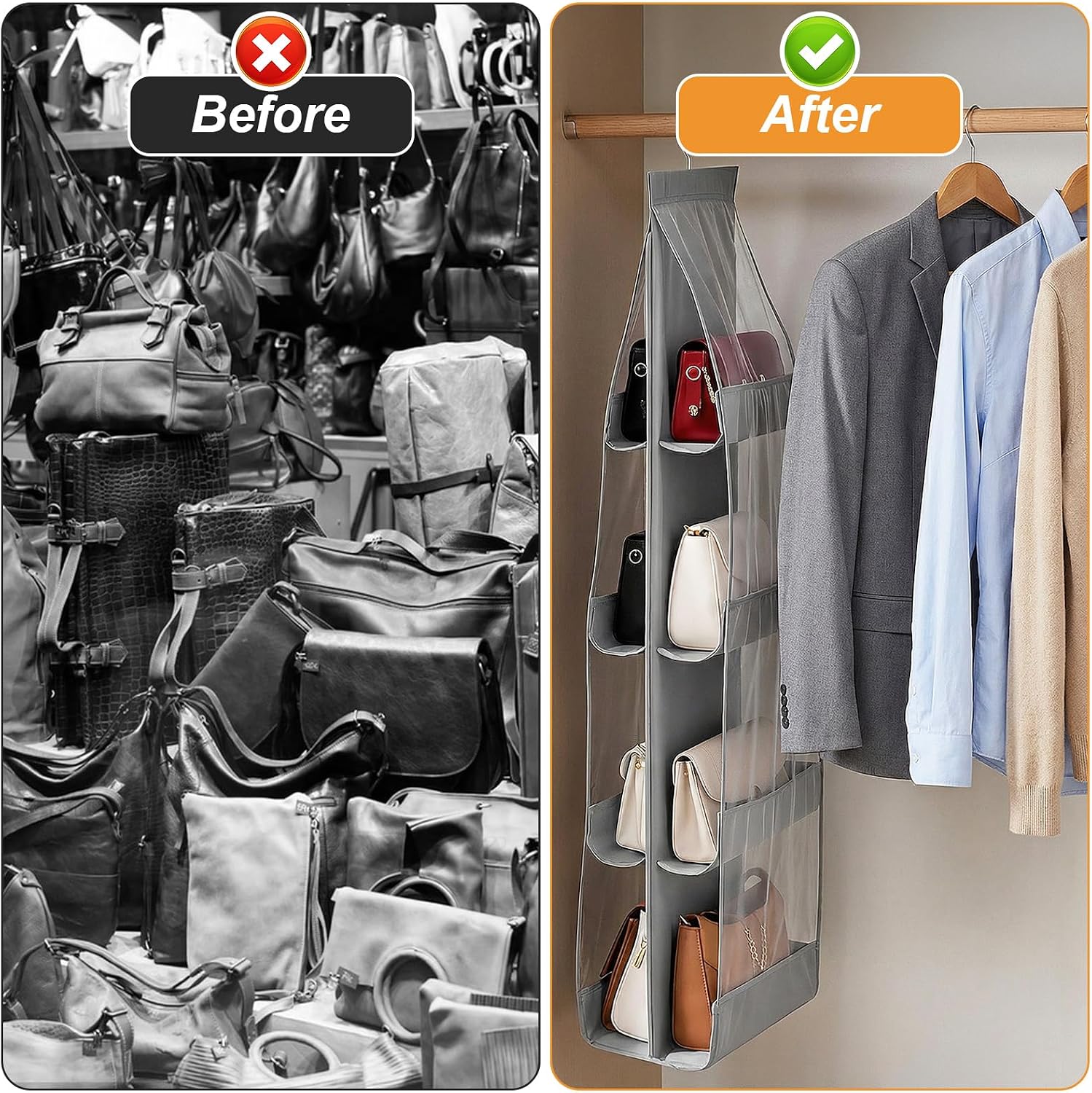 4 Pack 8-Pocket Hanging Purse Organizer for Closet - Handbag Organizer for Space Hanging Shelf for Closet, Wardrobe, Over Door (43.3" x 13.8"), Grey