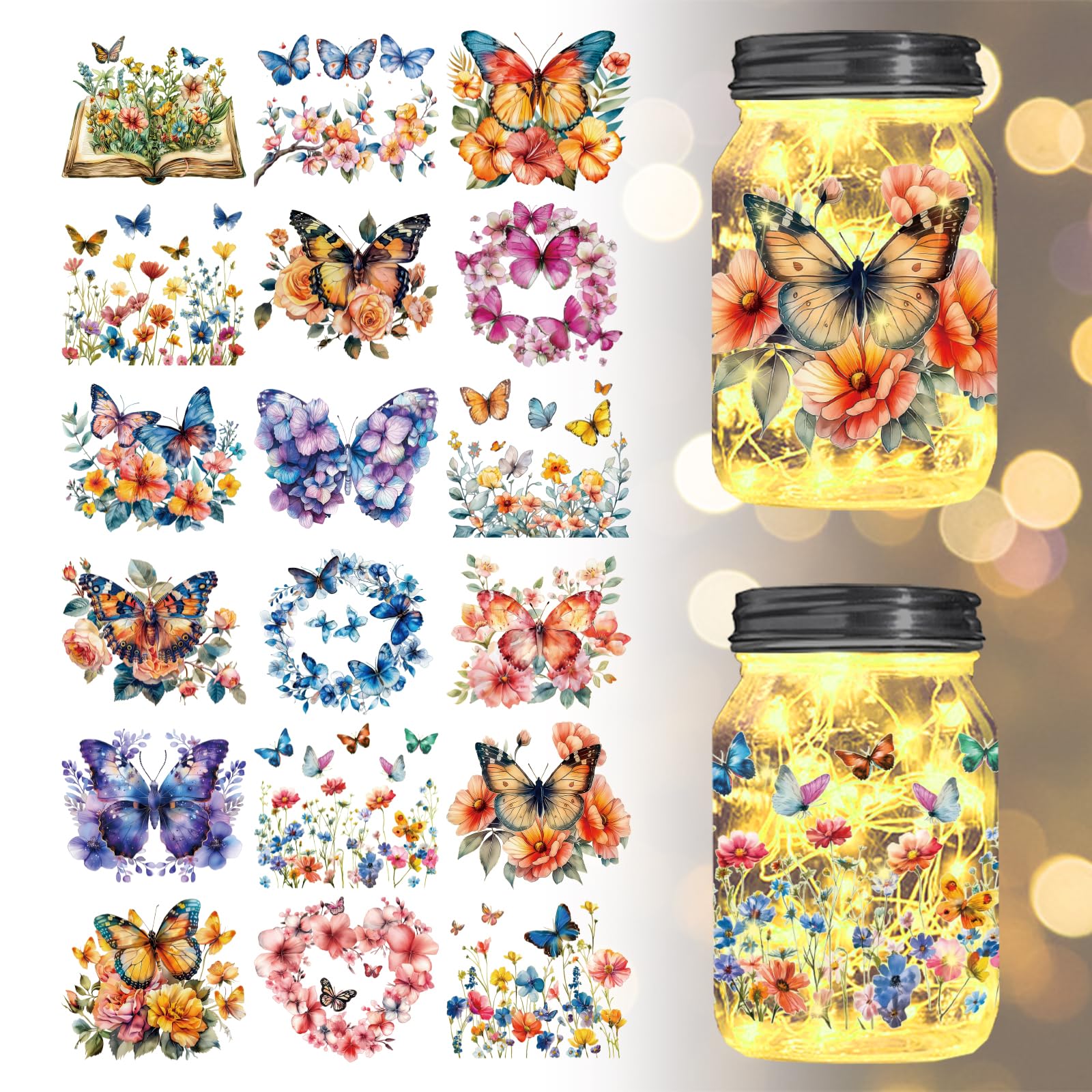 GLOBLELAND 18 Sheets Butterfly Transfer Stickers 3.9 x 3.6 Inch Butterfly and Flowers Stickers Butterfly Wreath Rub On Transfer for Furniture Vase Glass Decorations Crafts
