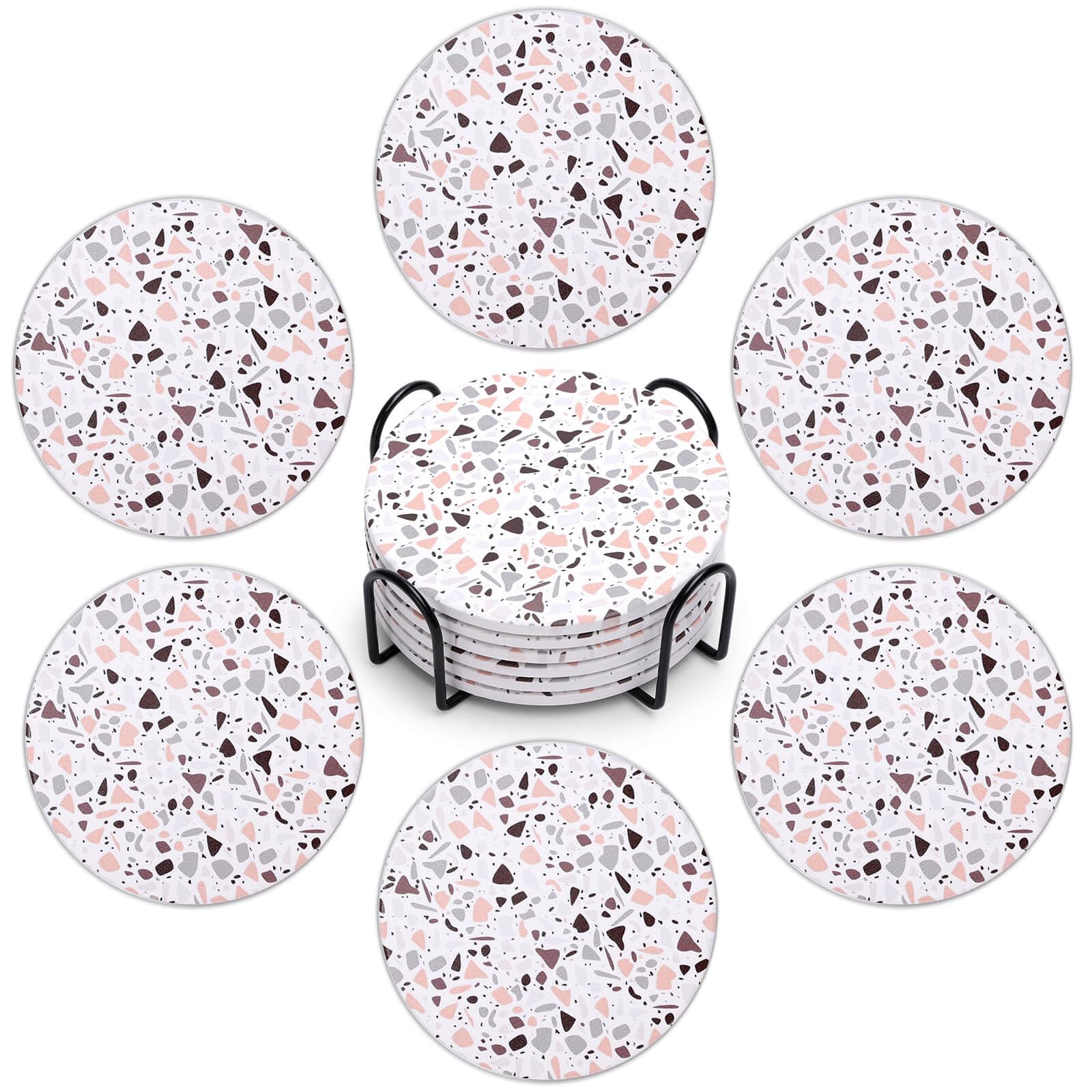 Acejoz Drink Coasters with Holder, Set of 6, Terrazzo Pattern, Ceramic, Round, 4 Inches