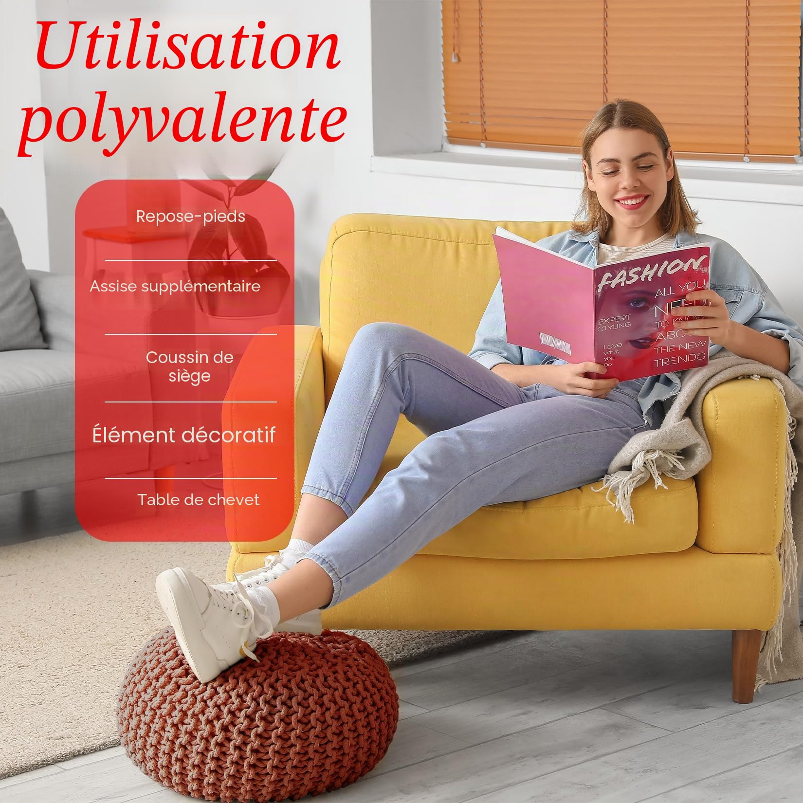 Pouf en tricot fait à la main - Diamètre : 55 cm - Avec aspect élégant en tricot grossier - Décoration intérieure (terre cuite, diamètre 55 cm)