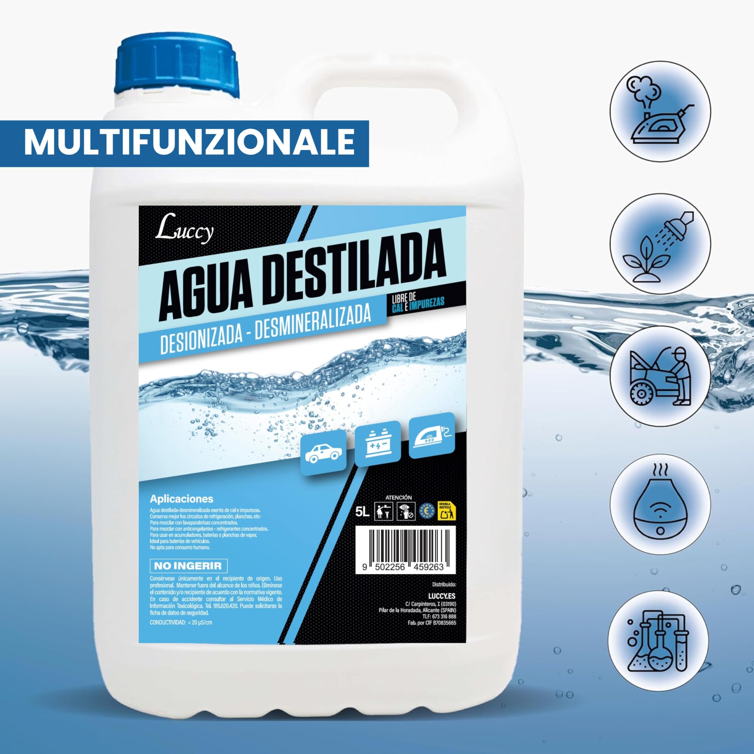 LUCCY Acqua Distillata Demineralizzata Deionizzata 5 Litri | 100% Acqua Pura | CPap, Umidificatore, Ferro, Motori, Pulizia, Laboratori, Piante