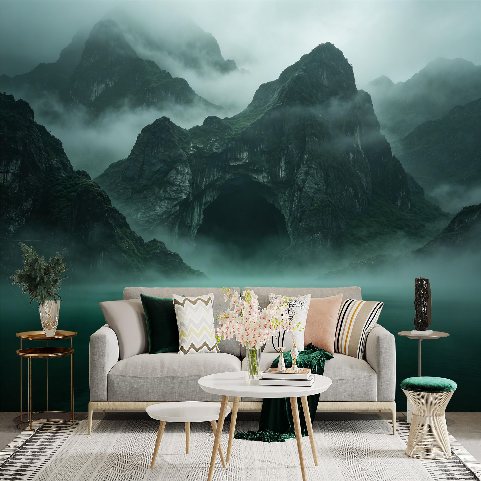 Lnzczhyre Dbh260521506 Custom Size Wall Sticker Mural， Misty Mountain Cave， Dark Green Lake， Foggy Landscape， Serene Nature Scenery， For Wall Decoration， Peelandstick Wall Decals.