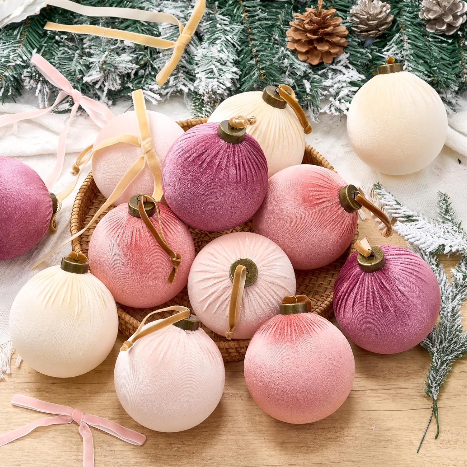 Liliful 36 Pcs 4 Inch Pink Velvet Christmas Ornaments Set, 12 Large Flocked Ornaments Ball, 24 Christmas Velvet Ribbon Bows 5 x 7, Shatterproof Vintage Xmas Tree Wreath Mantel Hanging Decor