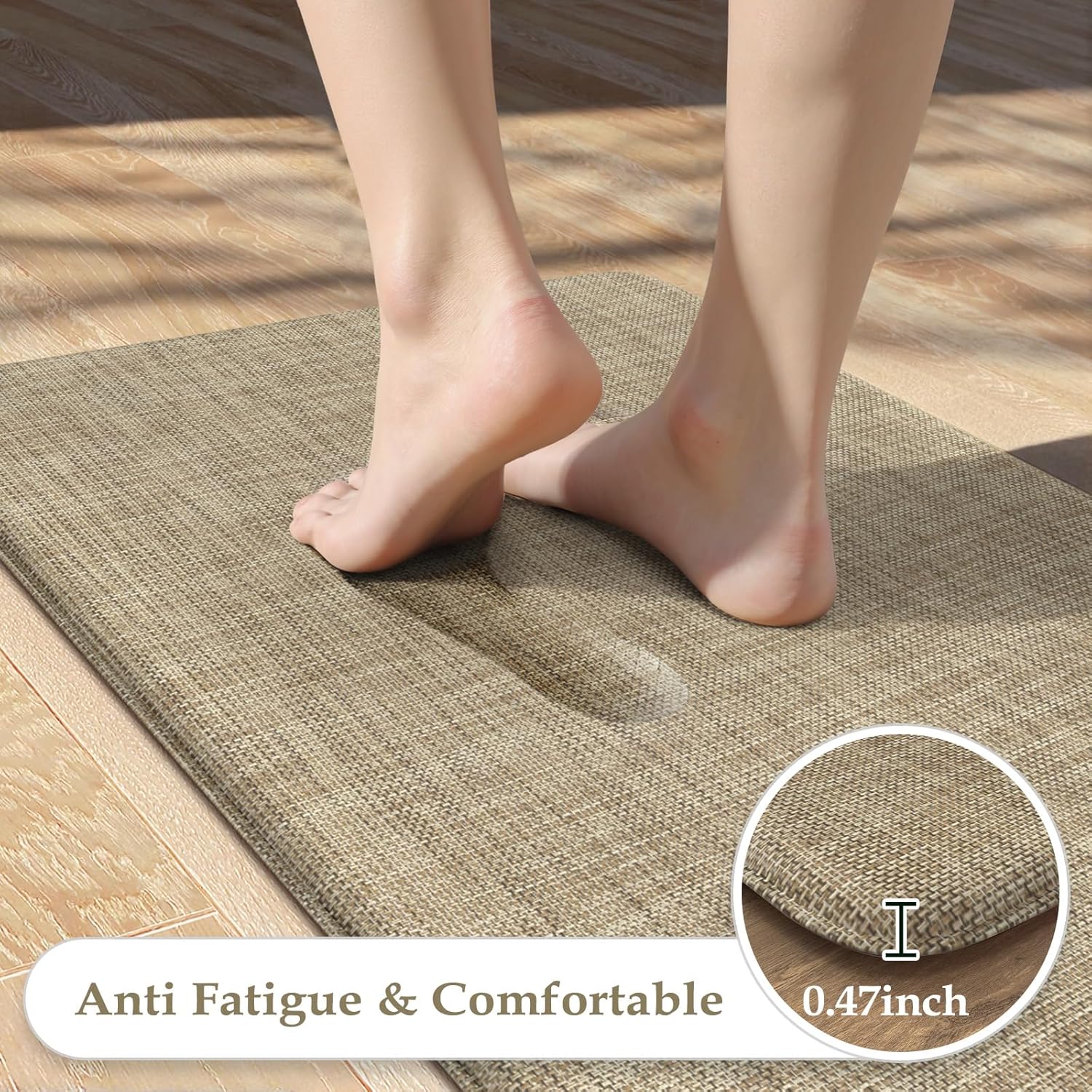 KIMODE Anti Fatigue Kitchen Mats, 17"x47"+17"x29" Farmhouse Kitchen Rugs Sets of 2, Non Slip Kitchen Mats for Floor, Cushioned Kitchen Floor Mats for Sink Laundry Office Desk Light Brown - Image 3