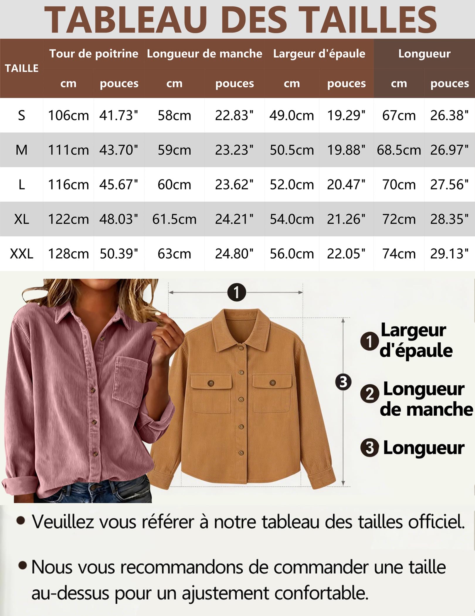 Veste Femme Velours Côtelé Mi-Saison Surchemise Boutonné à Col Revers Manches Longues Haut Ample Poches Blouson Décontractée Printemps et Automne Chemise-Veste Coupe Légère Confortable Quotidien