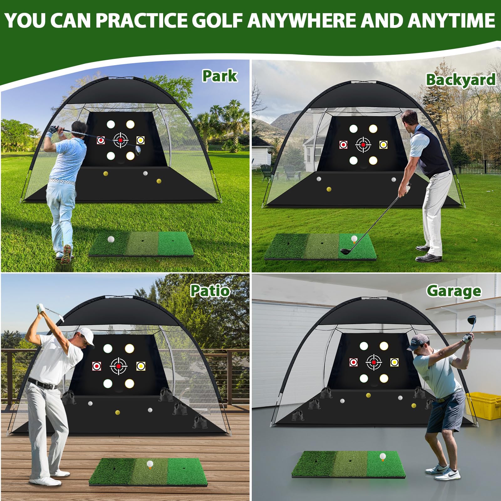 Golf-Netz, 3 x 2,1 m, Übungsnetz mit Tri-Rasen-Golfmatte, Ball, Tee, Tasche, All-in-One-Multziel-Schlaghilfe-Netz, Outdoor-Chipping-Trainingsnetze für Hinterhof, Geschenk für golf