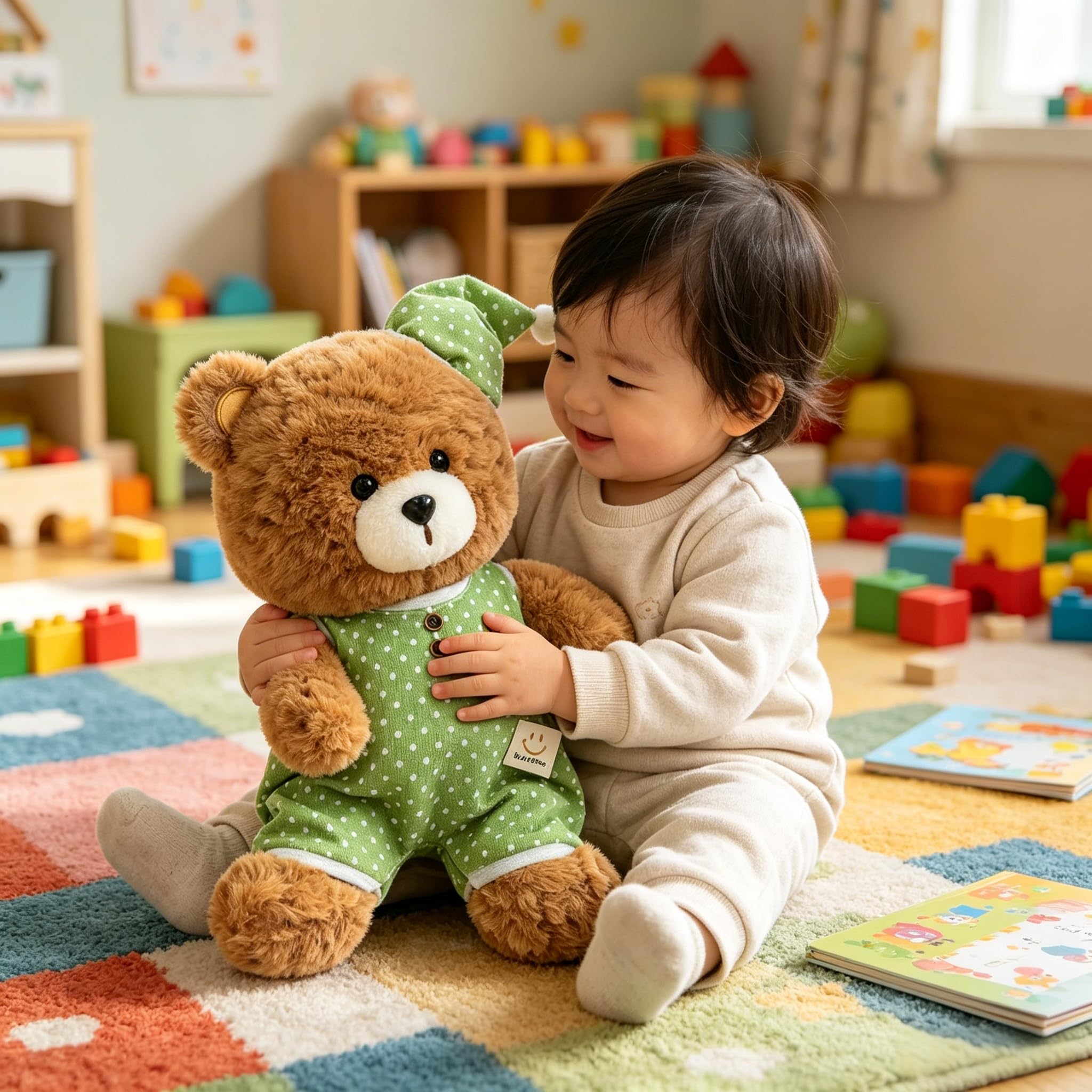 Niedliches Schlaf Bär Kuscheltier mit Pyjama und Schlafmütze, Weiches Plüschtier Teddy Bär Kuscheltier, Geschenk für Kinder Mädchen Baby Erwachsene Zimmer Dekoration (50cm,Grün)