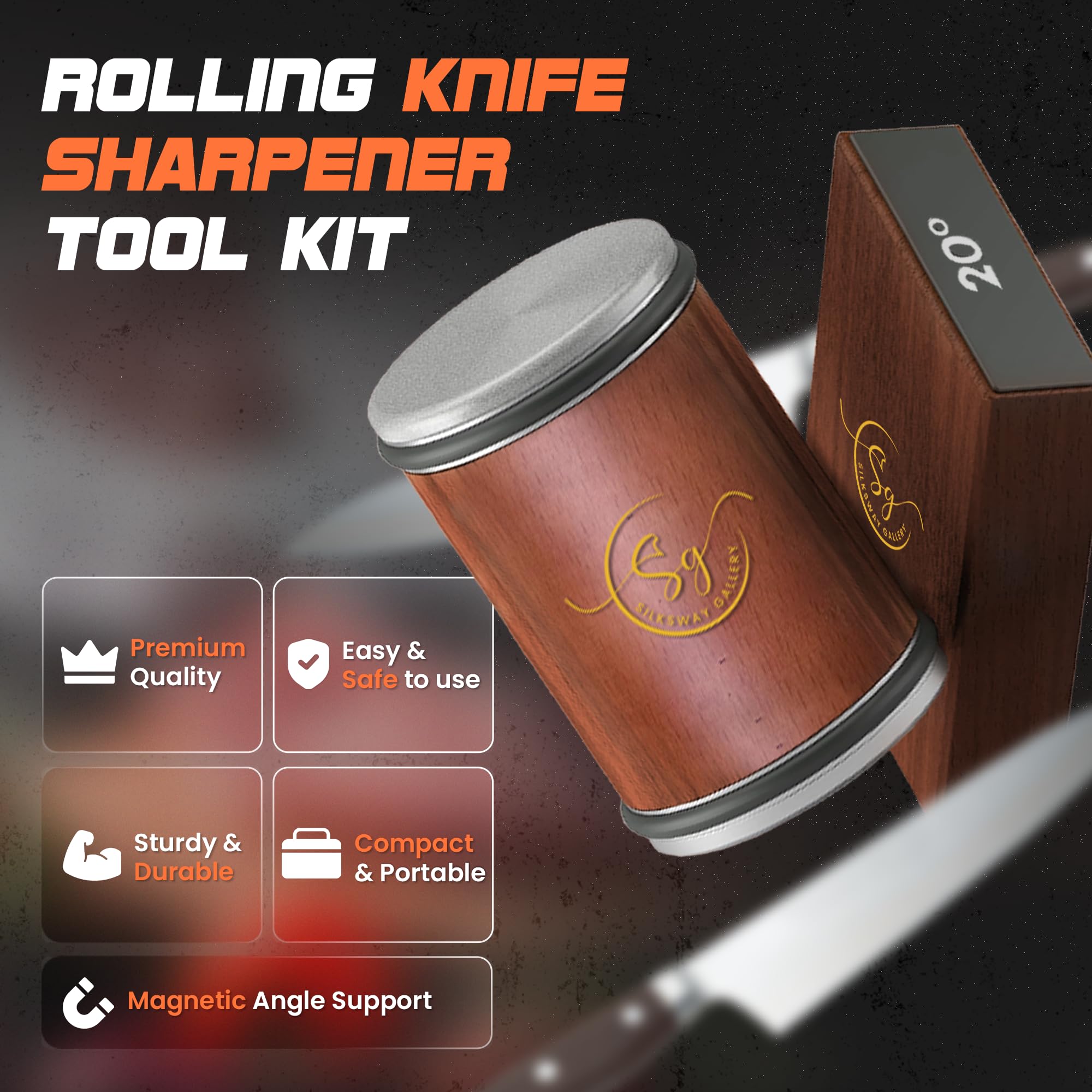 Silksway Gallery Rolling Knife Sharpener – Kitchen Knife Sharpener with Diamond Grinding Discs, 15° & 20° Magnetic Angles, Easy-to-Use Knife Sharpening Tool for Chef & Home Kitchen Knives