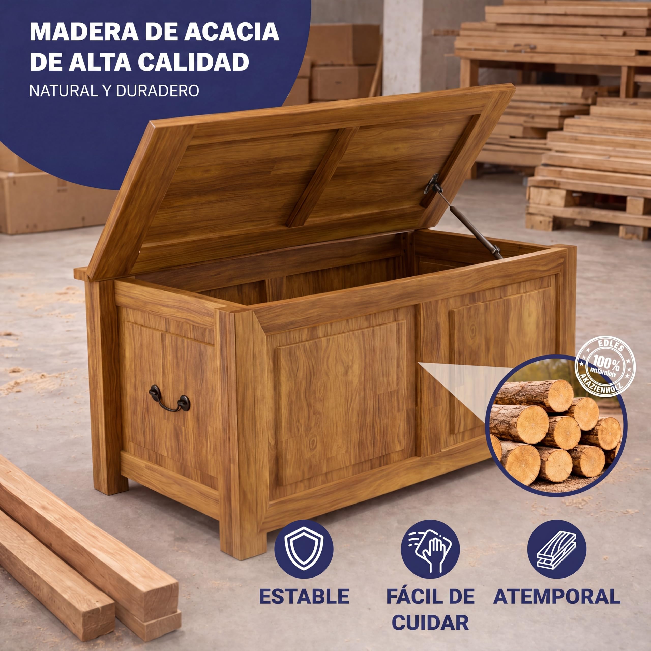 CASARIA® Baúl de Madera Grande, 103L Banco Almacenaje, Carga 160Kg, Acacia, Arcones Pasillo Salón Dormitorio, Estilo Colonial Campo Rústico, Cofre, Versátil, 85x44x48cm, Estable