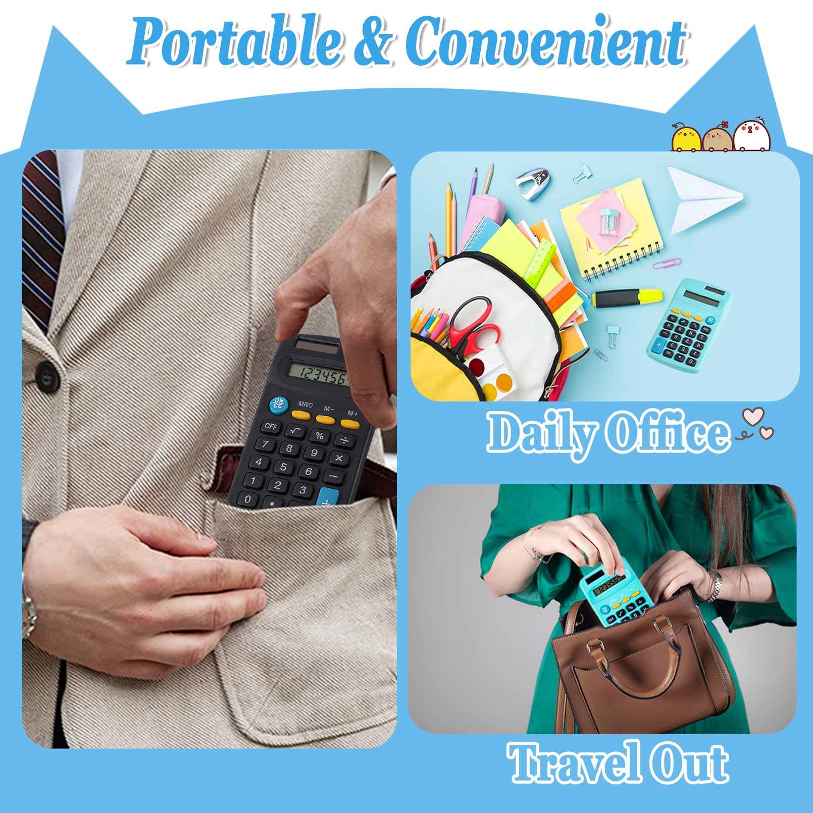 Mini calculadoras de tamaño de bolsillo, paquete de 18 baterías solares, calculadora de doble función de alimentación, pantalla de 8 dígitos, calculadora básica para estudiantes, niños,