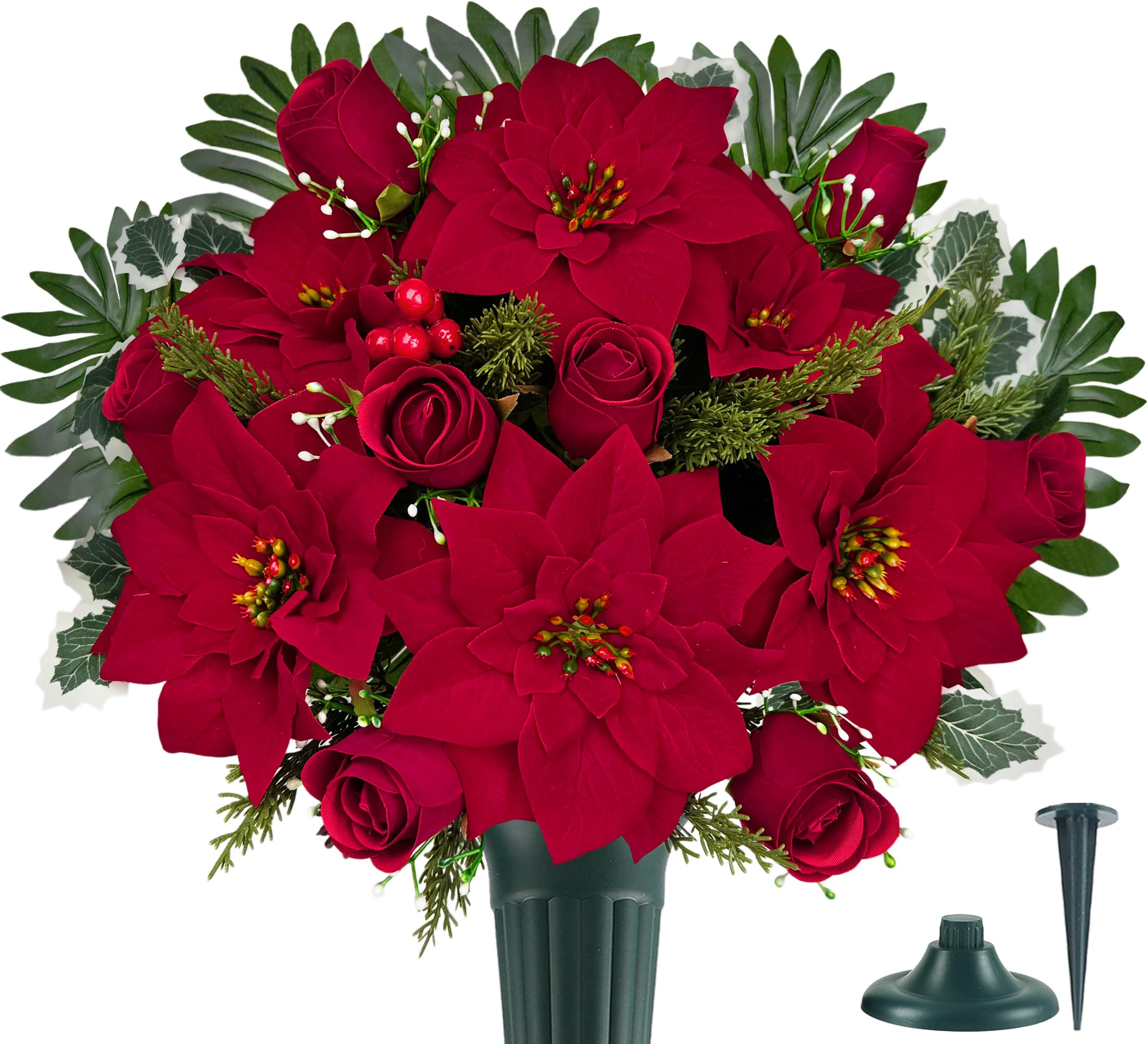 Fleur artificielle pour tombe, cimetière de Noël, poinsettias, baies et roses