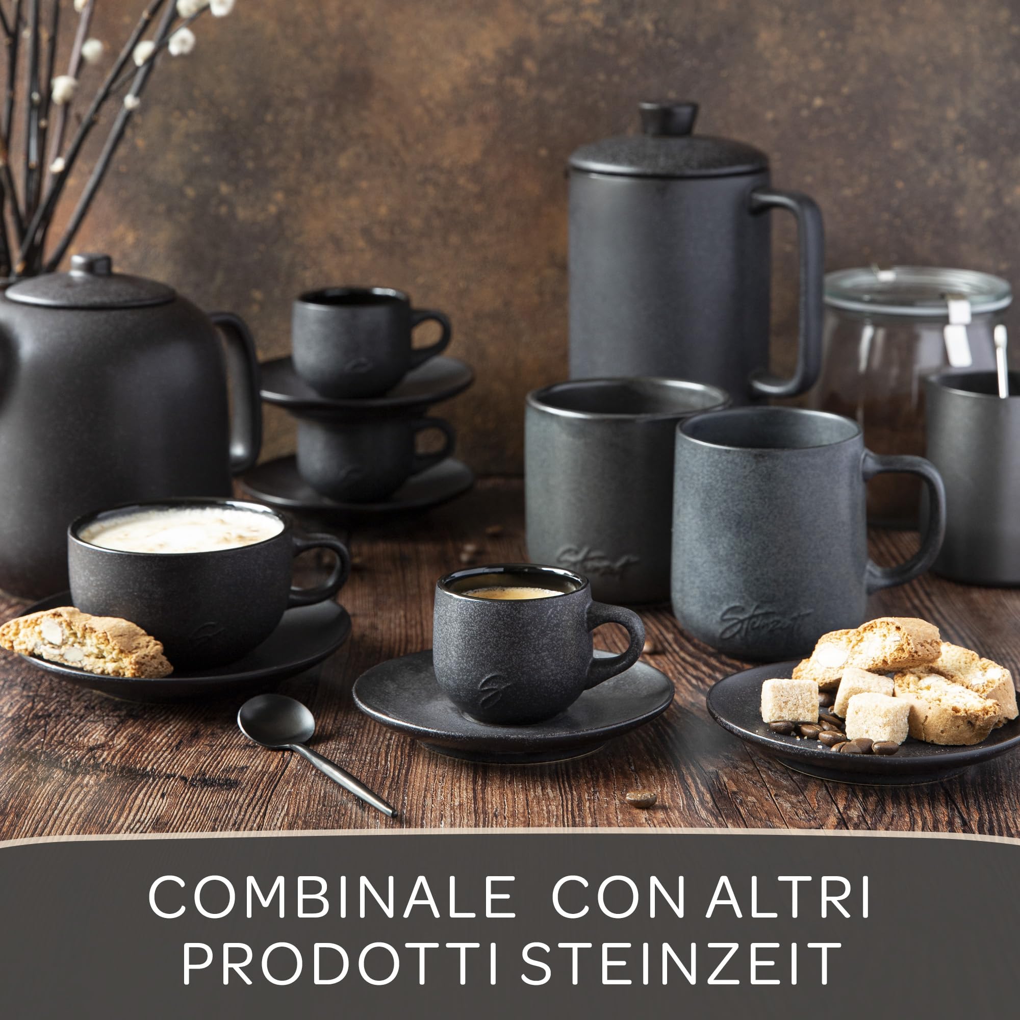 Steinzeit Set di Tazzine da Espresso Design (6x80ml) – Set di Tazzine da Caffè Espresso con piattini abbinati – Set Tazzine Caffe realizzate al 100% a mano – Tazzine Caffè iimpilabili in nero