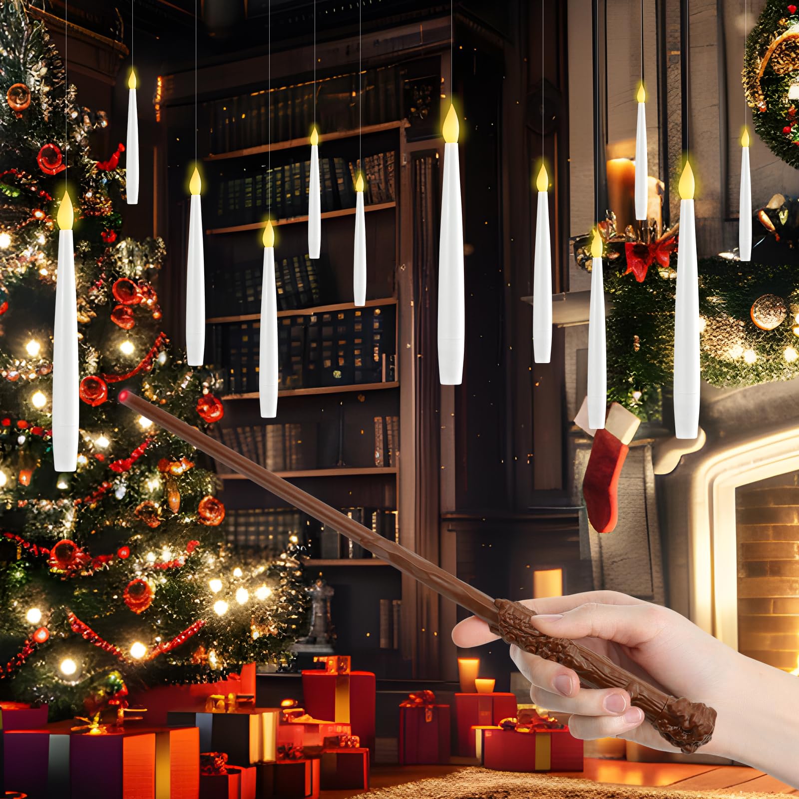 Aischens 12 Velas Flotantes con Varita Mágica y Temporizador de 6H, Velas Mágicas LED Colgantes, Juego de Velas Eléctricas LED a Pilas para Fiestas Navideñas, Decoración de Casa, Cumpleaños, Regalo