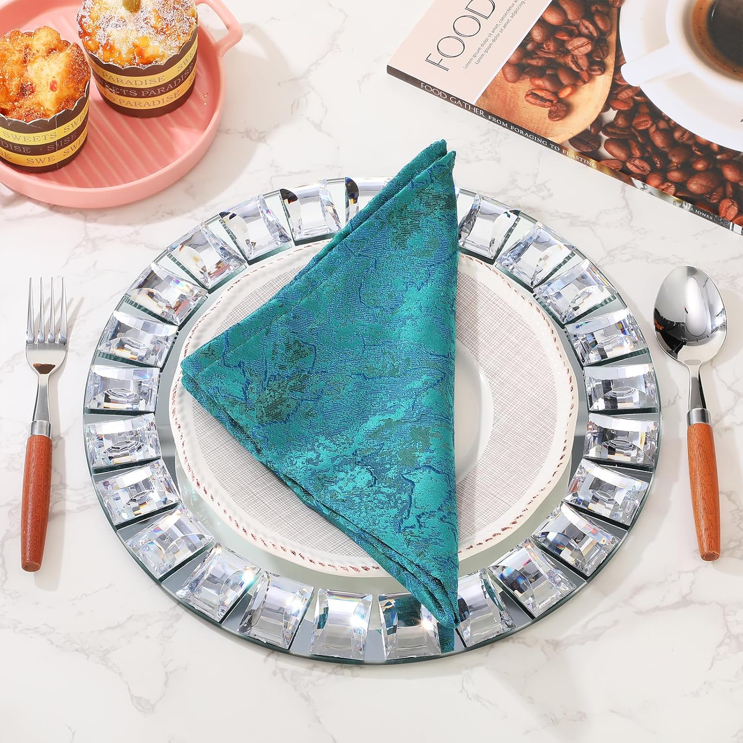 Suclain 6 Pcs Mirrored Glass Charger Plates 13 Inch Silver Mirror Plates Round Chargers for Dinner with Diamond Rim Settings for Wedding Birthday Party Events (Square Diamond Rim)