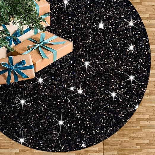 FUHSY Christmas Skirt Black Sequin Tree Skirt 36 Inches Glittery Tree Mat Floor Decor Embroidery Round Xmas Skirts for Indoor/Outdoor Decorations