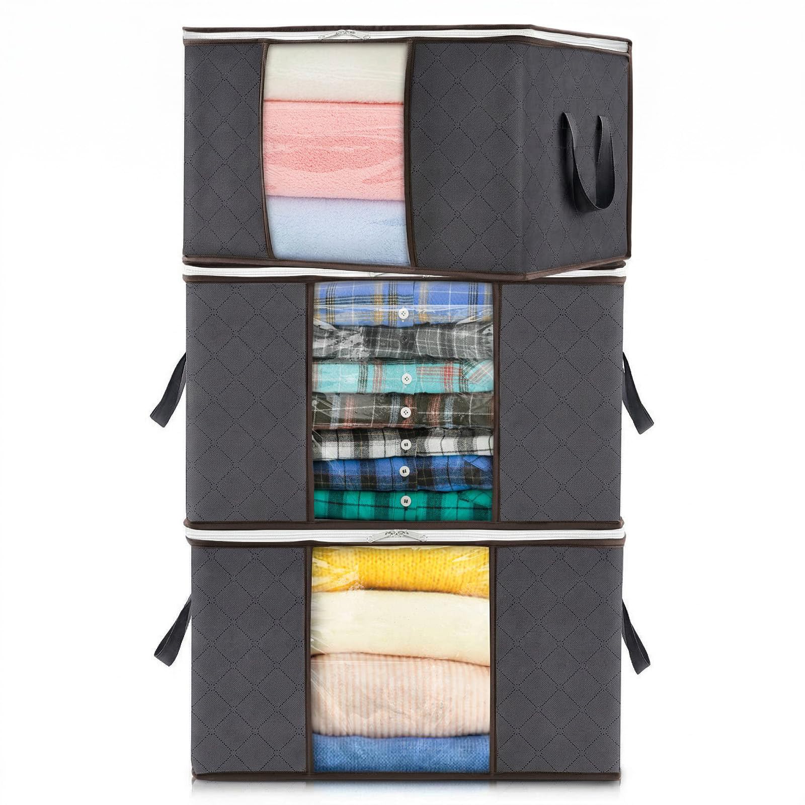 Lifewit 50L Clothes Storage Bags Large Storage Box With Lid Packing Boxes for Moving House With Reinforced Handle Thick Fabric Clear Window for Clothes Duvet Blankets Bedding, 3 Pack, Grey