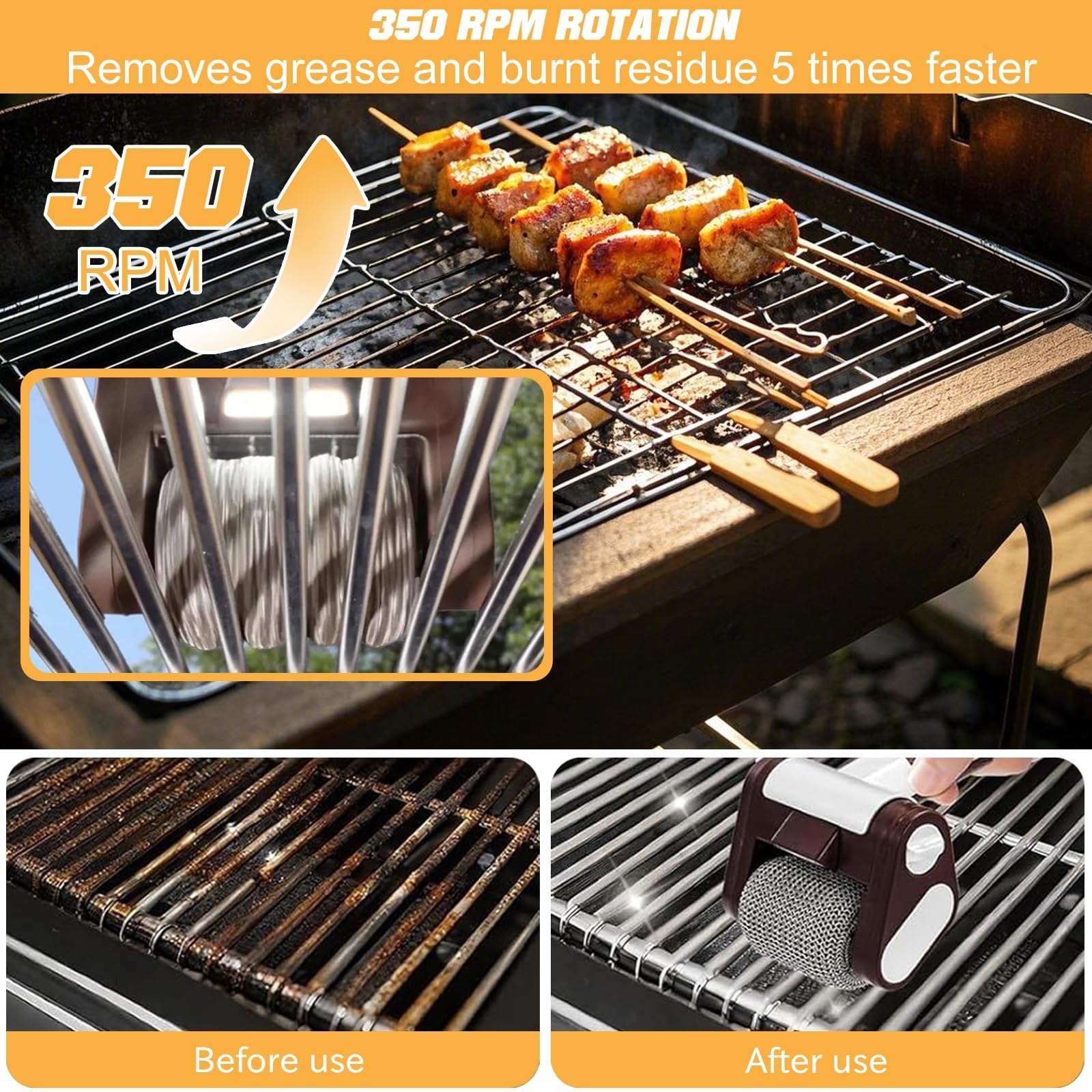 Spazzola per barbecue per esterni, senza setole, pulitore per barbecue acciaio inox 304 per griglie a gas, griglie a carbone, bollitori e griglie(Black gold)