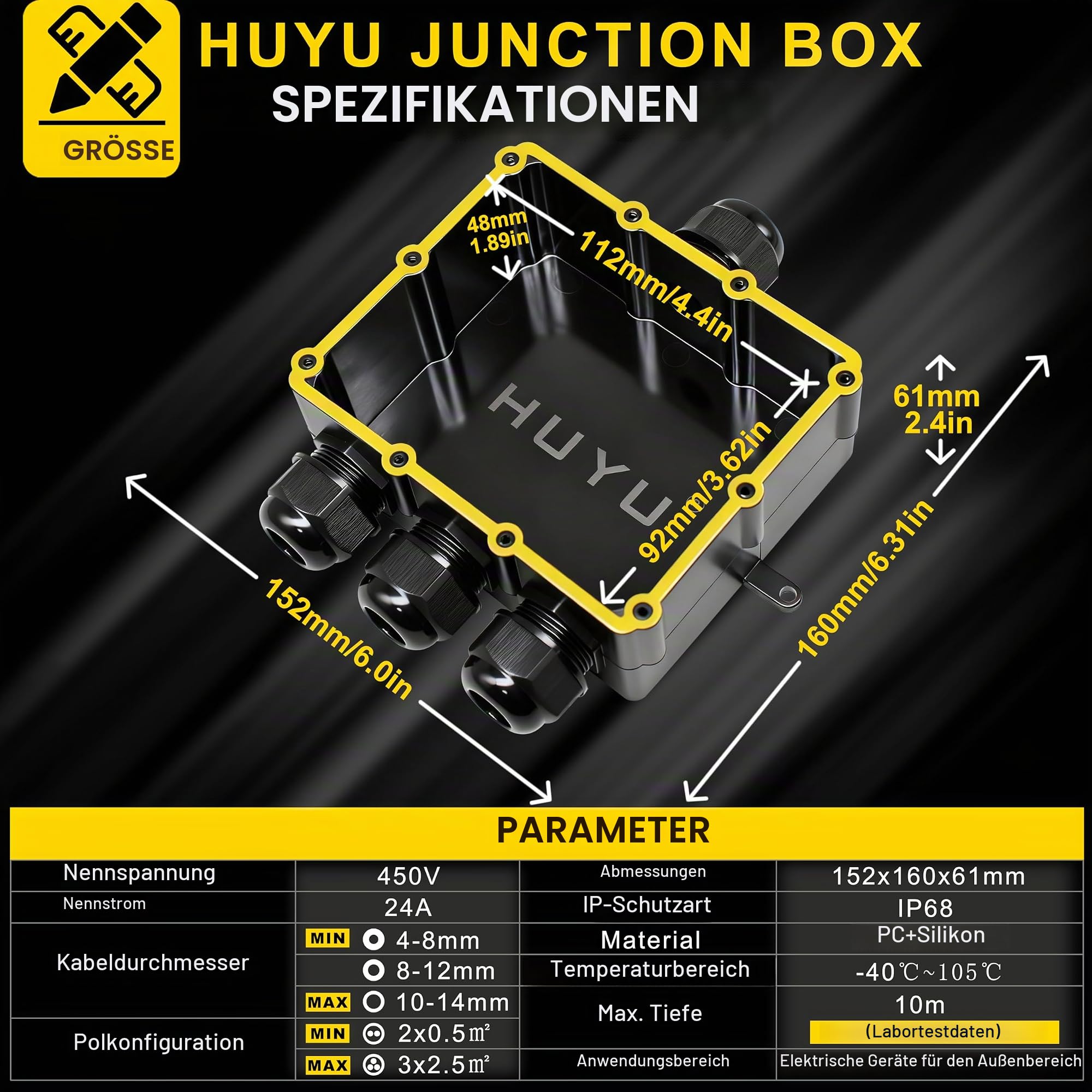 4 Wege Junction Box, IP68 Abzweigdose, HUYU wasserdichte Verteilerdose, Verbindungsdose Außen, Klemmdose mit M25, Klemmen, Elektrisches Kabel Wire Connector für Ø 4mm-14mm Kabeldurchmesser, 2 Stck.