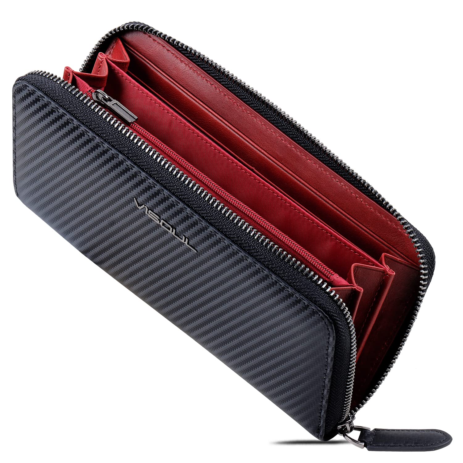 VISOUL Leather Long Zippered Pouch Wallet for Men with RFID Blocking Two-tone, Large Carbon Fiber Leather Clutch Cash Long Wallet with Zipper (Black+