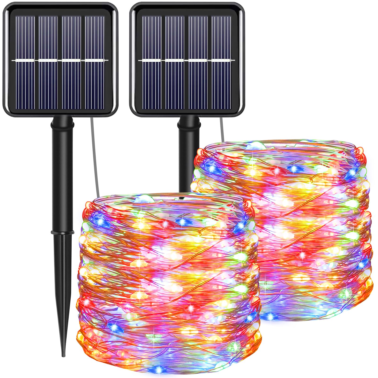 Solar-Weihnachts-Lichterkette, mehrfarbig, für den Außenbereich, wasserdicht, 100 LEDs (2 Stück), 8 Modi, Kupfer-Lichterkette für Valentinstag, Garten, Terrasse, Außenbereich (mehrfarbig, 2 Stück)