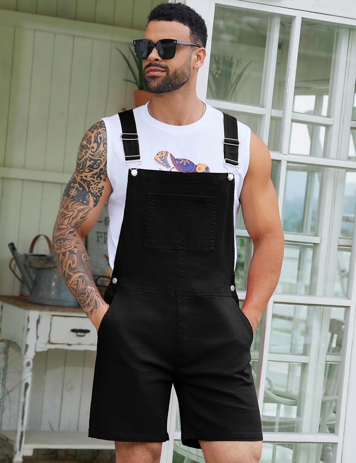 Bindefon Denim Overalls for Men Jean Shorts Jumpsuit Work Bibs Coveralls with Zipper - Image 5