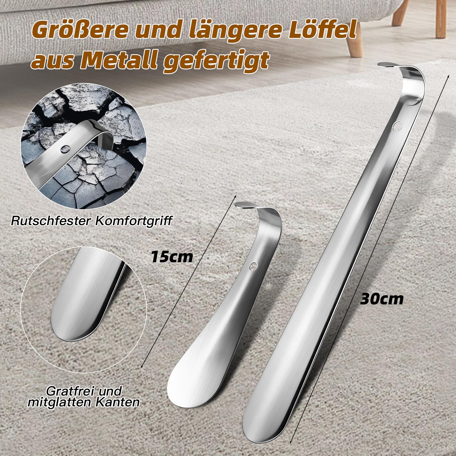 Zestaw 2 łyżek do butów ze stali nierdzewnej (30 cm + 14 cm) | długie i krótkie łyżki do butów dla seniorów, dzieci i osób z problemami z schylaniem się