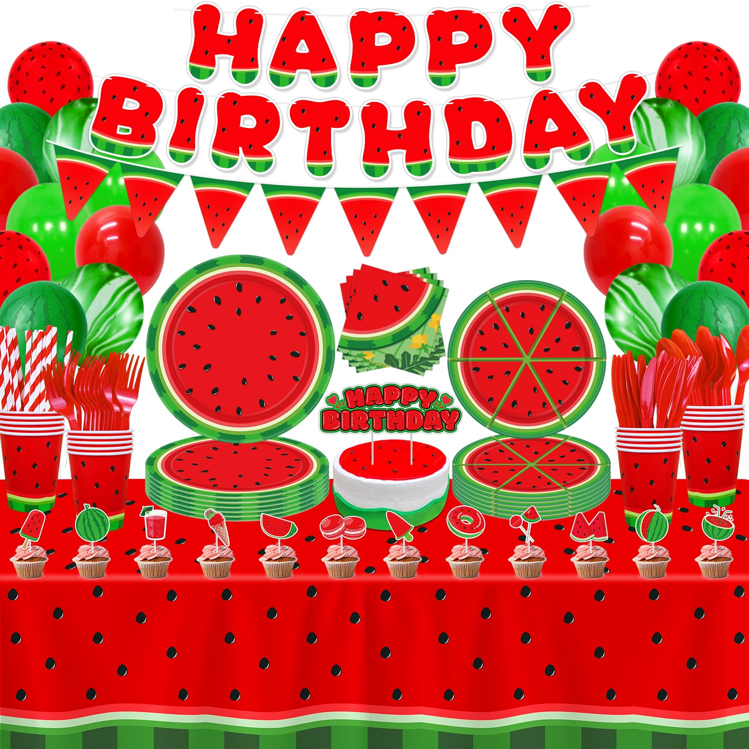 LKITMIUT 224 Pack Watermelon Party Supplies Watermelon Theme Decor One In A Melon Party Decorations Fruit Tableware Set - Cartoon Melon Plates, Balloons, Banners, Tablecloth, Napkins Serves 20