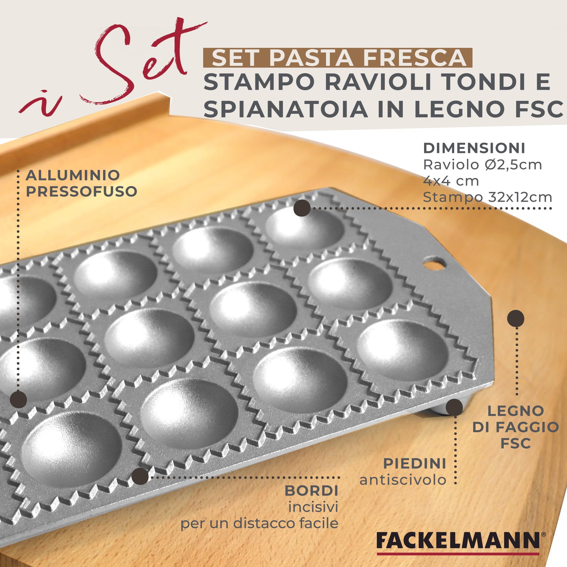 Fackelmann Set pasta fatta in casa con tagliere-spianatoia in legno di faggio e stampi ravioli in alluminio, per ravioli, tortelli e sfoglia fresca, utensili cucina tradizionali per pasta italiana