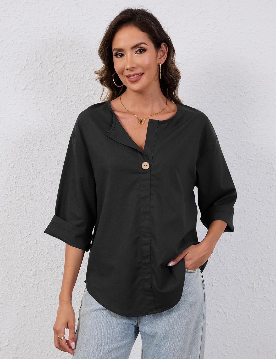 Summer Linen Shirts for Women Button Down V Neck 3/4 Sleeve T-Shirt Blouse Casual Loose Basic Solid Tunic Tops 2025 Black - Image 2