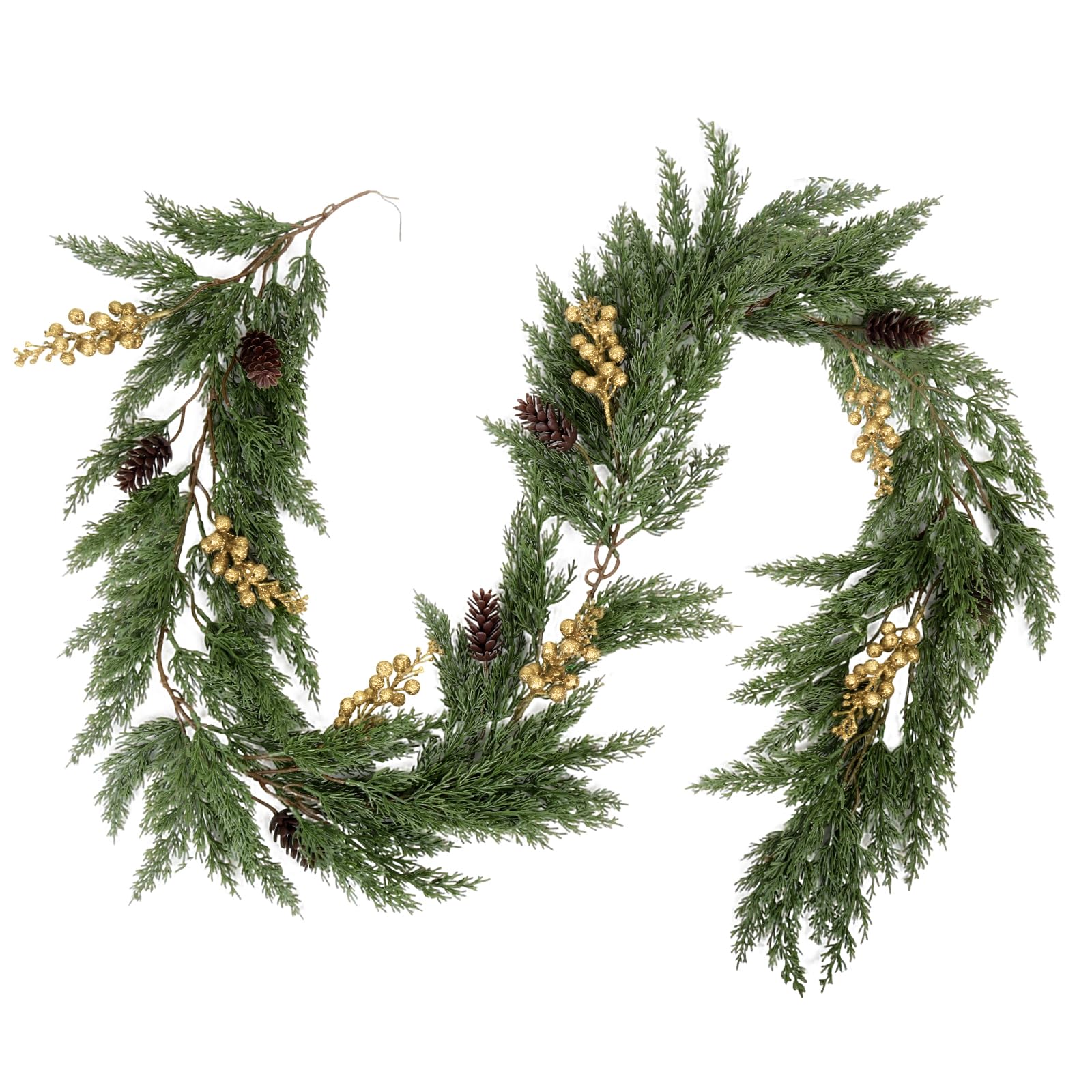 SJL Realistic Winter Greenery Garland Faux Christmas Garland with Gold Berry Pine Needle Greenery Artificial Cedar Cypress Garlands for Fireplace Mantel Stairs Table Porch Holiday Christmas Decor
