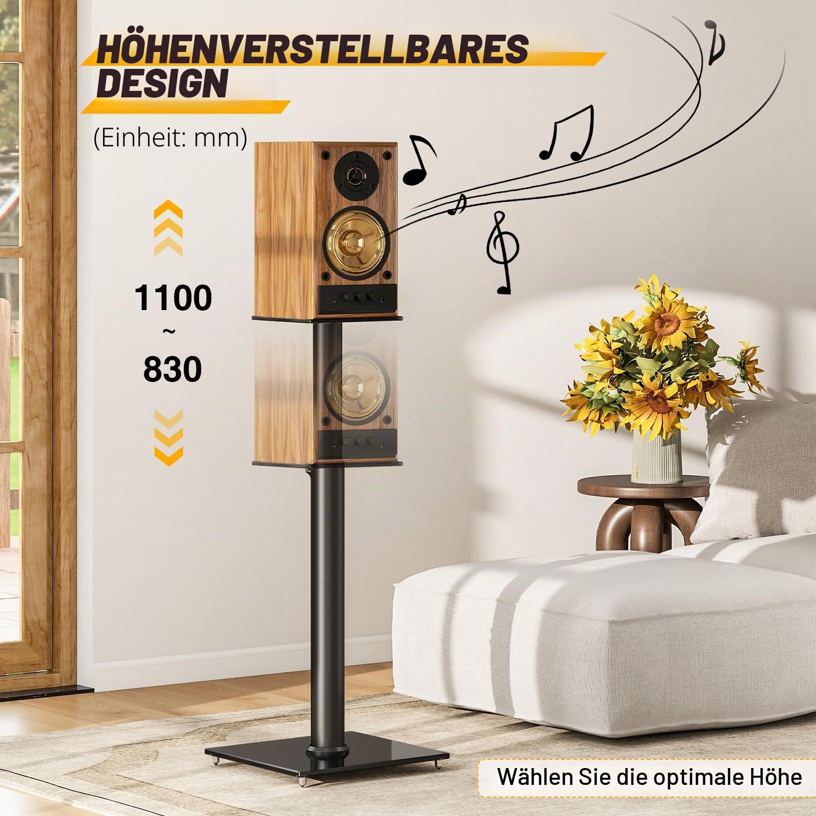 5Rcom Universal Lautsprecherständer, 2er Set, Bodenständer, höhenverstellbar 830-1100 mm, hält 5 kg, Kabelmanagement, einfache Montage, schwarz
