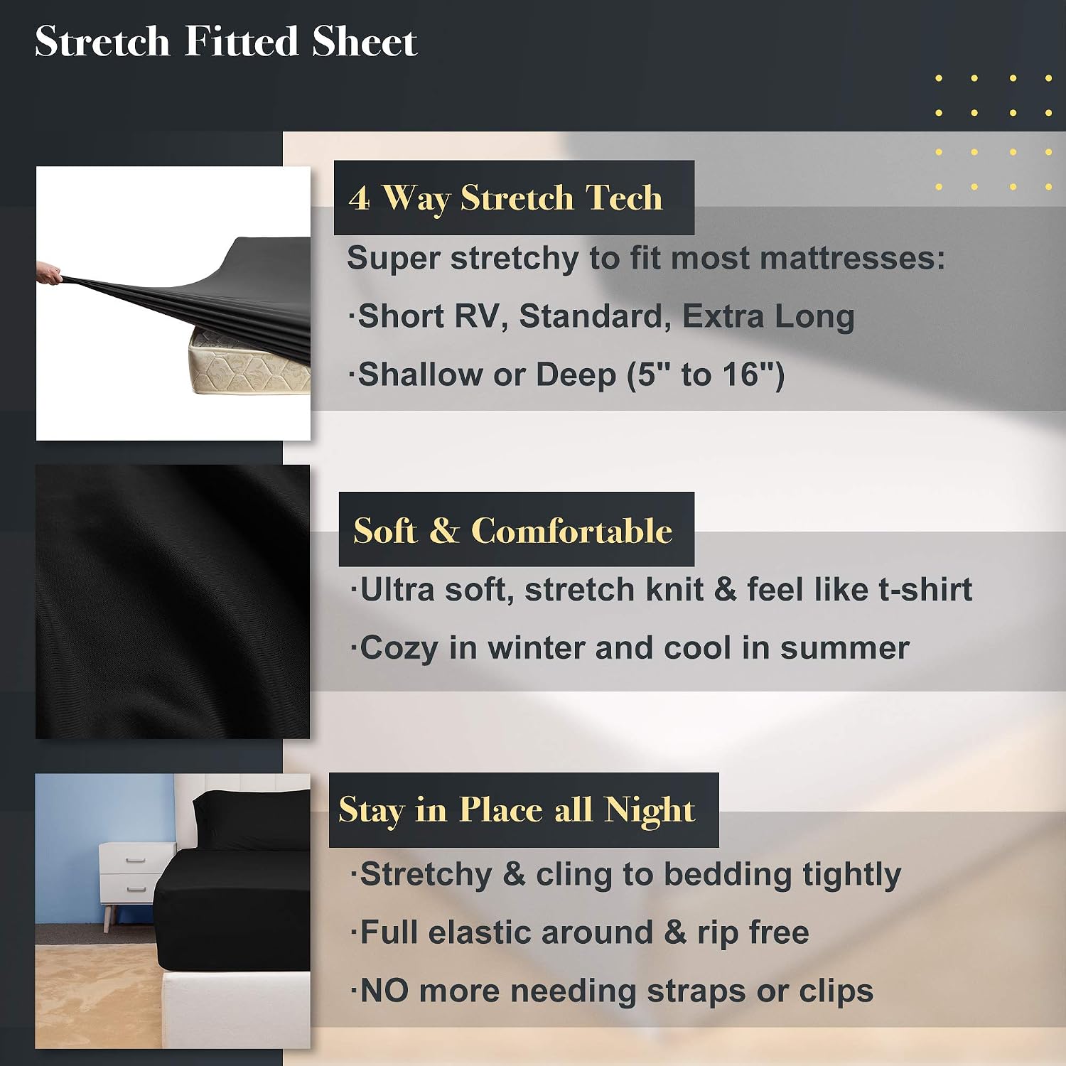 N&Y HOME Stretch Sheets Set Twin Size - Microfiber Jersey Knit & T-Shirt Like Extra Soft, 4 Way Stretchy Bed Sheets to Fit Most Mattress, Wrinkle Resistant - 3 Piece Sets, Black, Twin/Twin XL