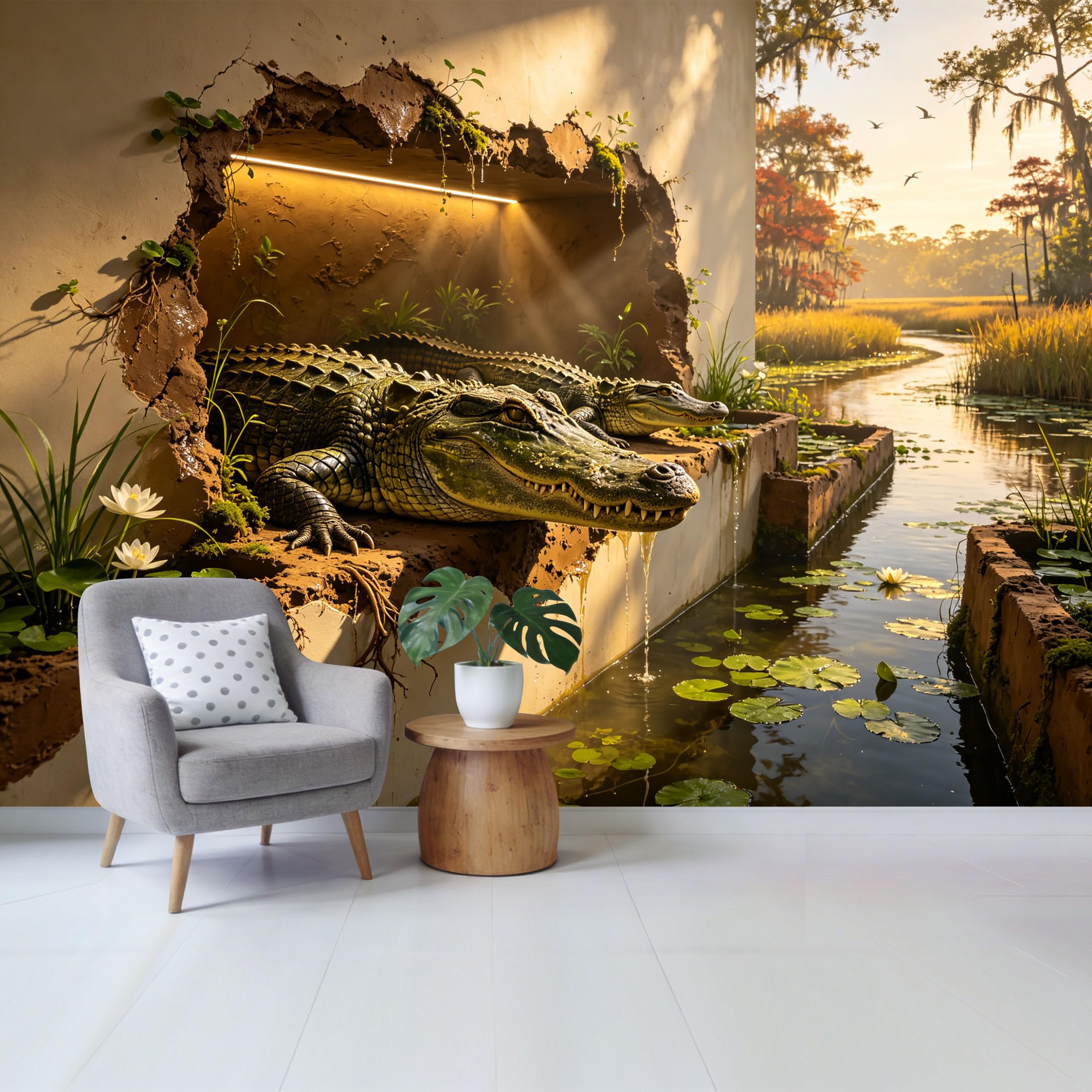 Custom Size Wall Mural Tropical Alligator Swamp Landscape 3D Trompe L'Oeil Removable Self Adhesive Fabric， Home Wall Decor for Living Room Bedroom Bathroom