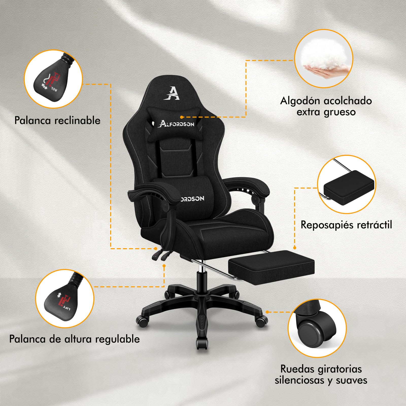 ALFORDSON Silla Gaming Ergonómica con Masaje, Silla Gamer de Oficina con Reposapiés Retráctil, Lumbar Massaggiante,Altura Ajustable,Asiento Cómodo,Reclinable 150°,Soporta 180 kg, Lino(Negra)