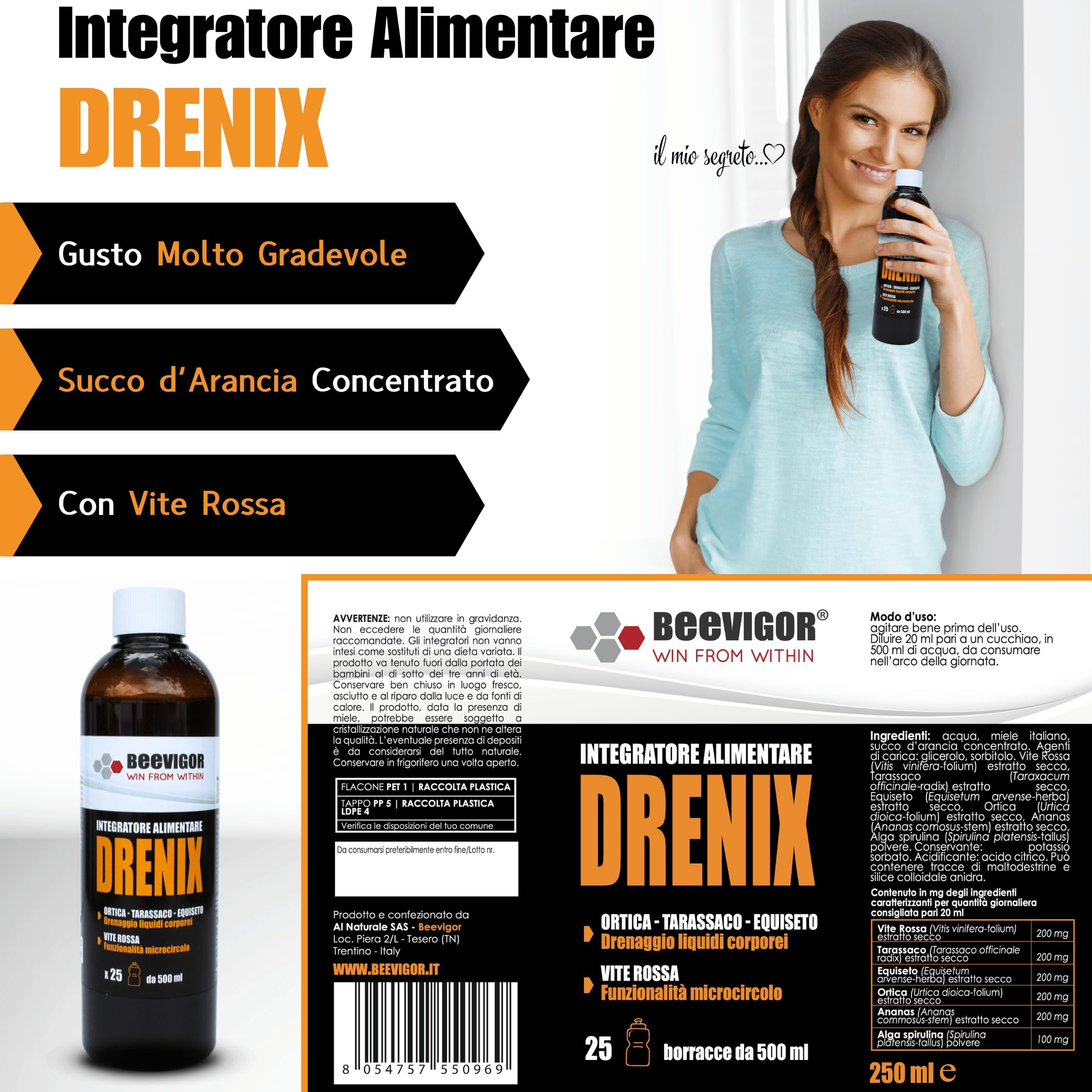BEEVIGOR Integratore Alimentare Fluido con Miele, Ortica, Tarassaco, Equiseto, Ananas e Vite Rossa Made in Italy - 250 ml - Integratore Drenante Liquido Supporta Funzione Depurativa e Microcircolo