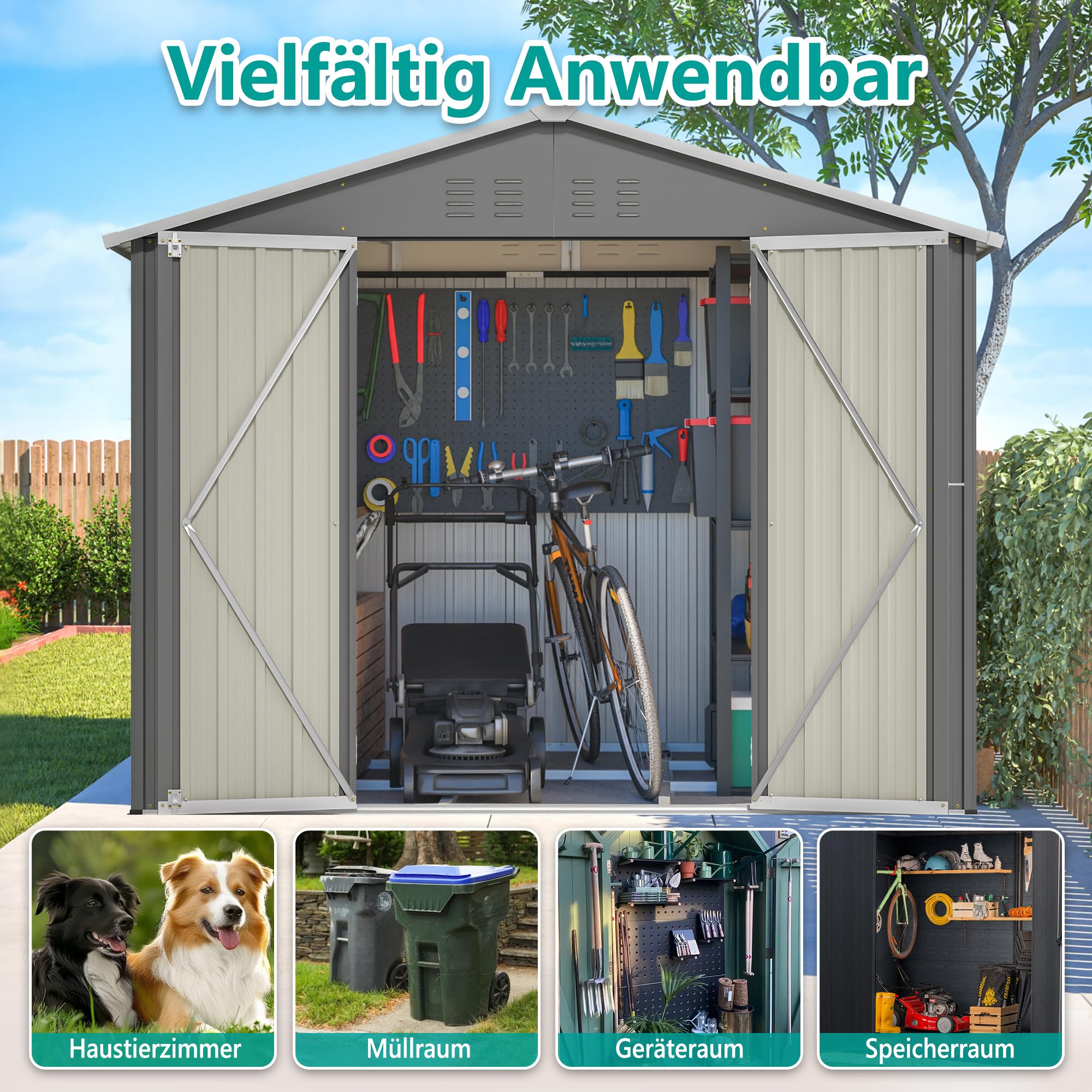 Metall Gerätehaus, Outdoor Gartenhaus mit Satteldach Belüftung,XXL | Für GartenGeräteschuppen mit Satteldach & 2 Türen, Gartenmöbel Wetterfest Wasserdicht für Terrasse, 240x192x191 cm, Grau