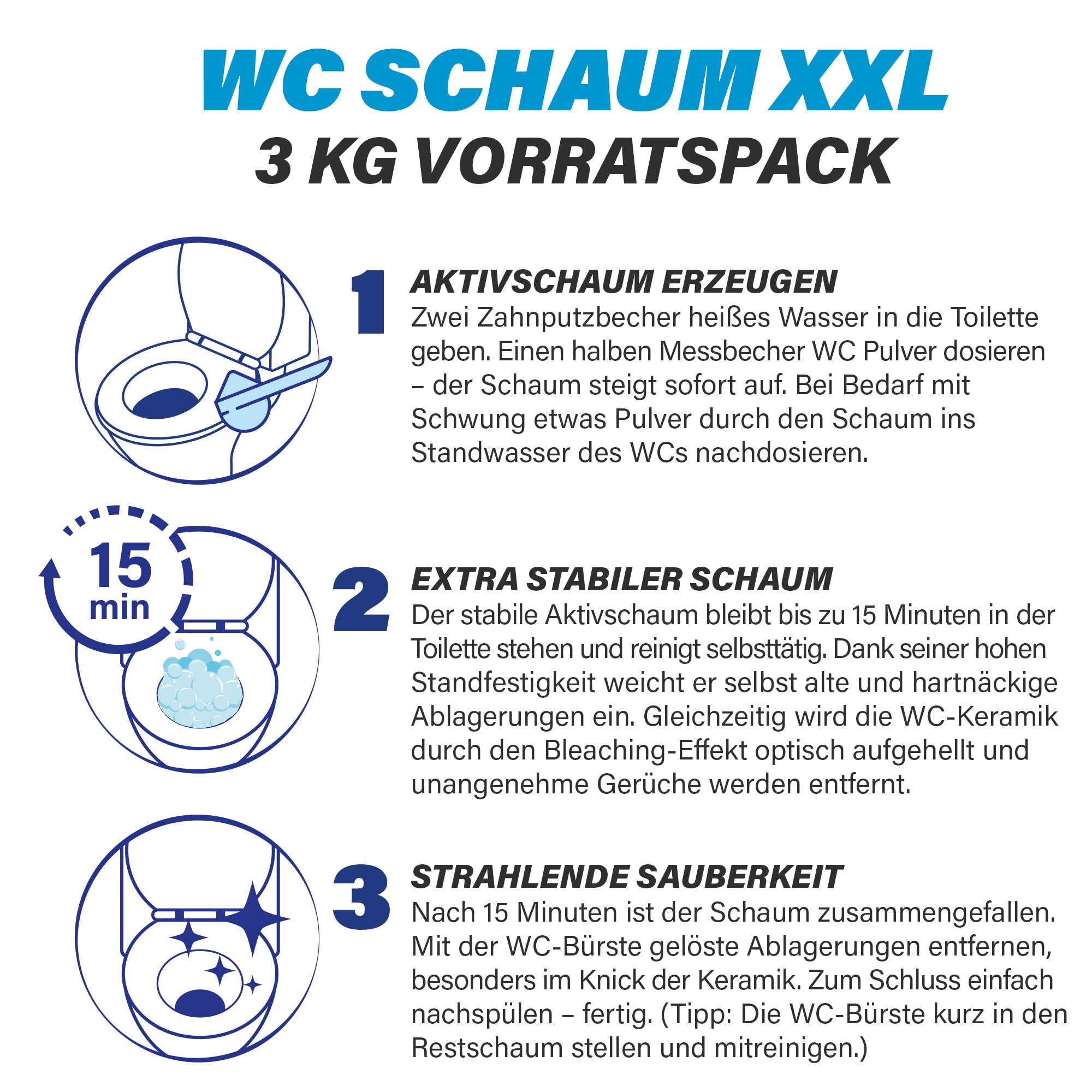 Pastaclean WC Pulver XXL 3 kg – Extra starker WC-Reiniger & Urinsteinentferner mit Pinienöl – Keramikaufheller & Bleaching-Effekt – Kalkreiniger & WC-Schaum gegen Urinstein, Kalk & Ablagerungen