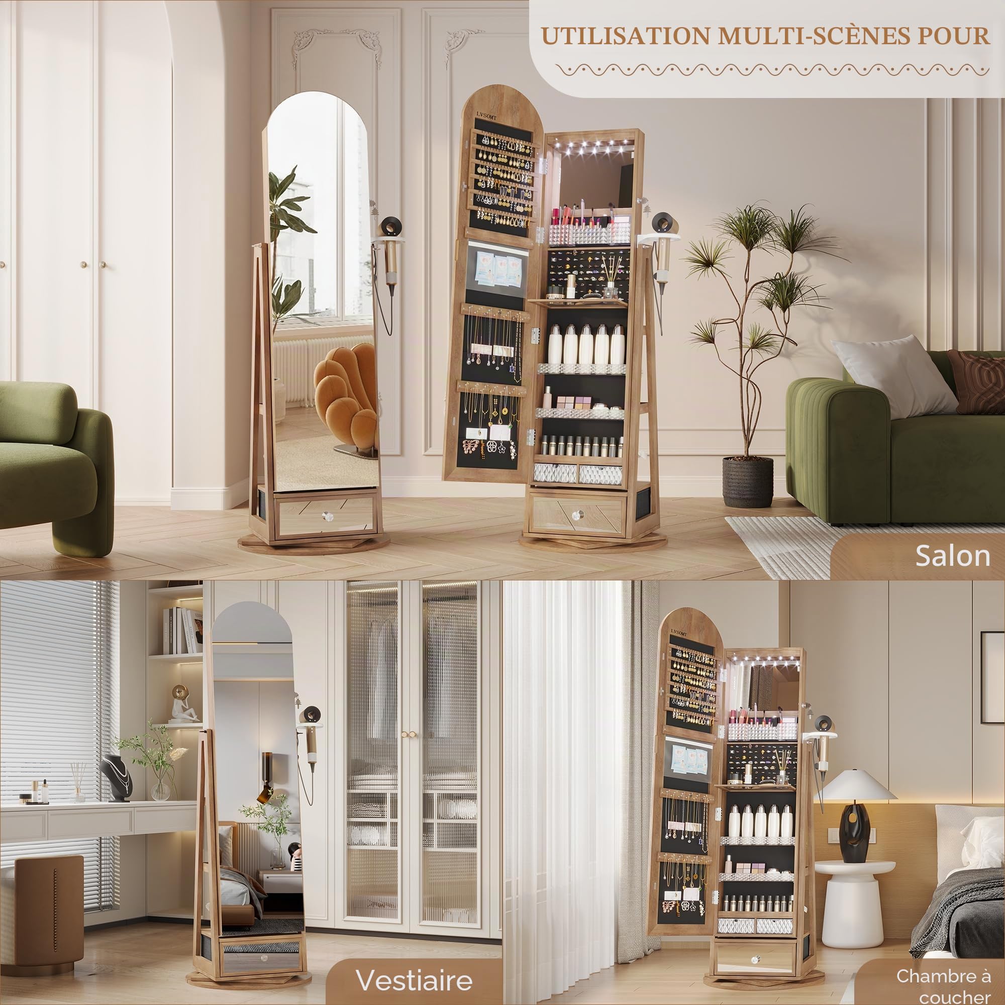 LVSOMT LED Armoire à bijoux avec Miroir Arqué, Rotative à 360 Armoire Bijoux Miroirs avec éclairage, Grande Arc Miroirs sur pied avec Rangement de bijoux, Miroir Bijoux Bois Verrouillable, Bois Marron