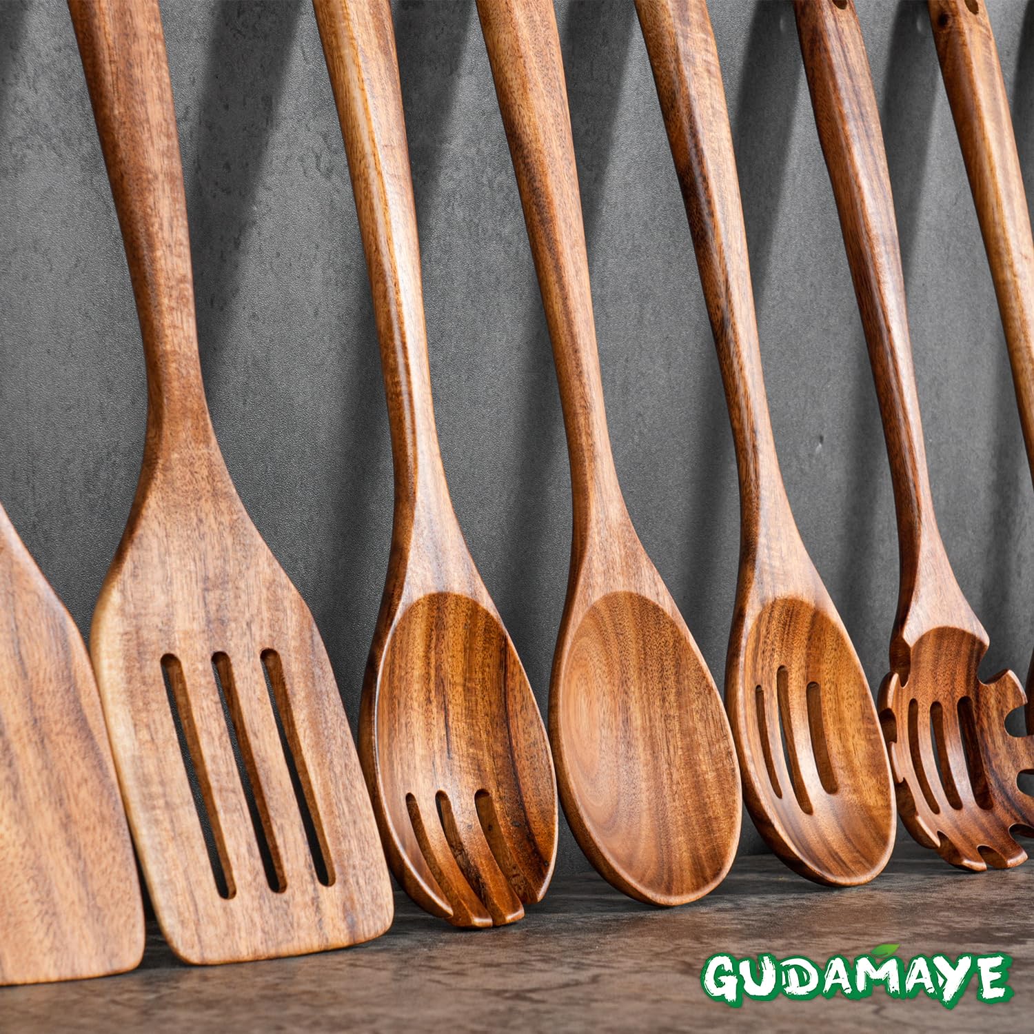 Gudamaye 33 cm lange Holzlöffel zum Kochen, 9-teiliges Küchenhelfer-Set aus natürlichem Teakholz, Küchenhelfer-Set mit Utensilienhalter, aus australischem Kampfer-Lorbeerholz, Holzutensilien zum