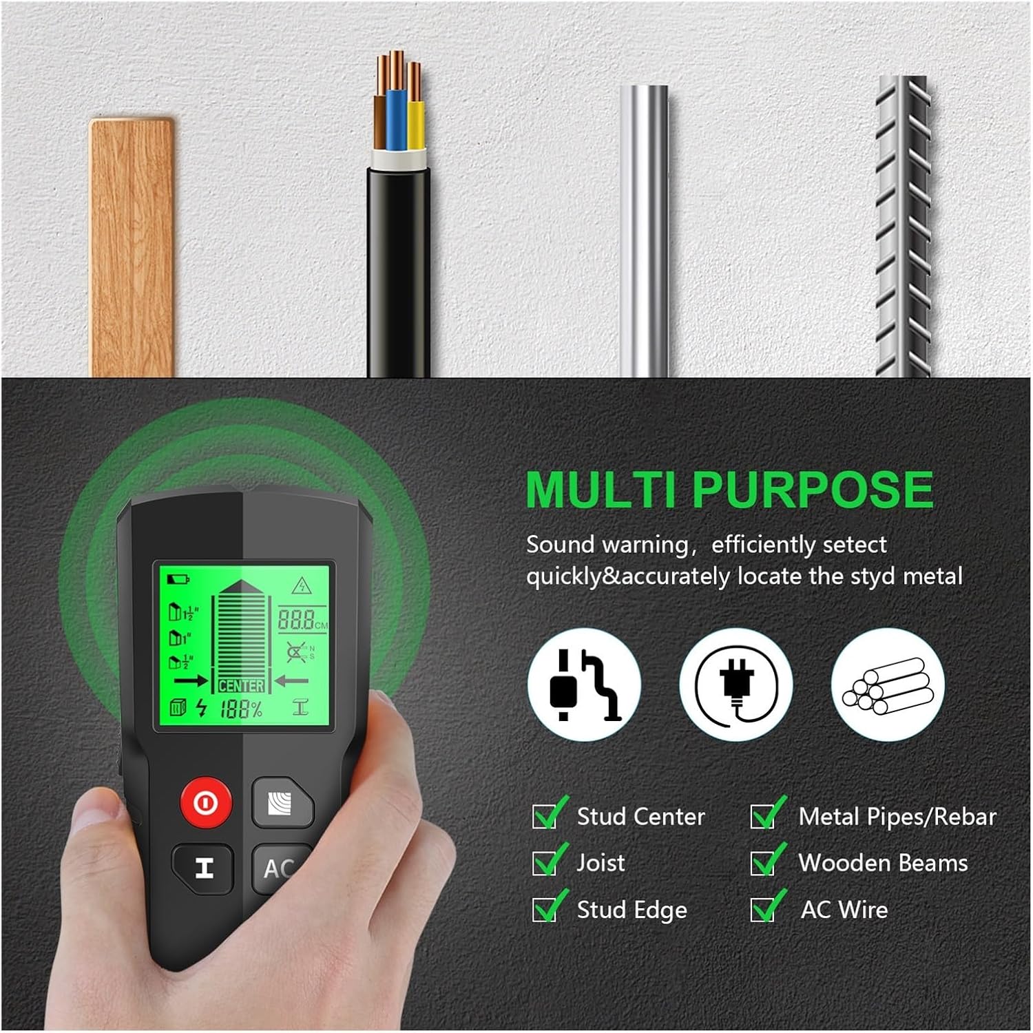 Stud Finder, Stud Finder Wall Scanner 5 in 1 Stud Finder Metal Finder Digital Cable Wires Depth LCD Display Electronic Stud Sensor Wall Detector